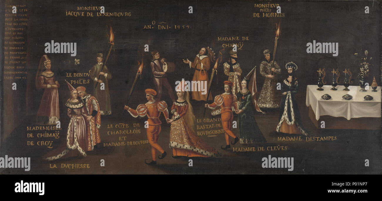 . Nederlands : 'Le voeu du faisan". De Goede Philips fr Isabella van Bourbon aanwezig op een banket gegeven porte en 1454 Madame d'Estampes in het kasteel de Rihour te Rijssel ter van eedsaflegging depuis ce temps-là hun plechtige om een kruistocht te maken om het Heilige Land te heroveren. 156 gedekte een tafel, op de achtergrond twee cafe. De genodigden toortsen brandende dragen. Fin kopie naar een onbekend origineel . English : 'Le voeu du faisan' Anglais : voeu de le faisan (Philippe le Bon et Isabelle, à la fête de faisan à Lille en 1454) . entre vers 1500 et vers 159 Banque D'Images