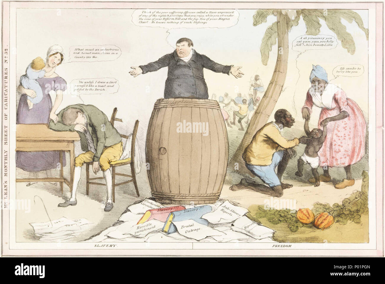 . Anglais : 'Slavery/liberté'dans les années 1830, la volonté de mettre fin à l'esclavage colonial a coïncidé avec le mécontentement social généralisé en Grande-Bretagne et les exigences de la réforme parlementaire et de la législation pour régler les problèmes sociaux liés à l'industrialisation et l'urbanisation rapides. Imprimer cette illustre l'hypocrisie perçue de la campagne anti-esclavagiste. À droite, un groupe de personnes semblent être heureux en dépit de leur esclavage. Par contre, sur la gauche, une famille britannique est le fardeau de la fiscalité et de la pauvreté. L'homme dans le centre invite le spectateur à considérer la situation : "Penser de la p Banque D'Images