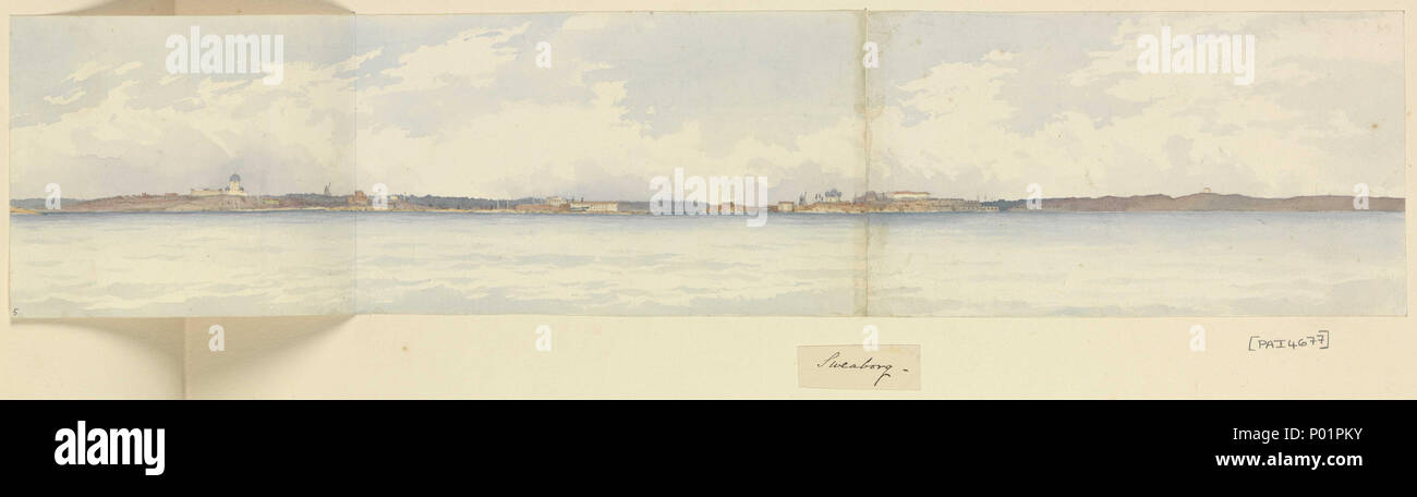 . English : 'weaborg' [Sveaborg/ : Finlande Suomenlinna] no 5 dans la Baltique de Fanshawe et plus tard, l'album 1843 - 83. Un dessin panoramique sur trois feuilles jointes, les deux sur la droite coincé à la page de l'album et sous-titrée par l'artiste sous l'image, comme titre. - Sweaborg l'habituel 19e siècle l'orthographe anglaise de l'Agence suédoise de Sveaborg - est le 18ème siècle, six-île couvrant l'approche d'Helsinki (Helsingfors) Autrefois, la Finlande, qui était le territoire russe en ce moment. Il a été soumis à des bombardements de destruction massive par la flotte anglo-française sur 8 - 9 août 1855 au cours de Banque D'Images