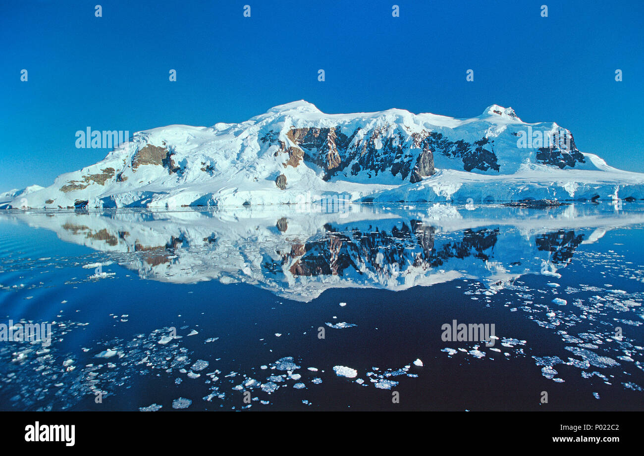La mise en miroir des montagnes couvertes de neige dans la région de Paradise Bay, la péninsule Antarctique, l'Antarctique Banque D'Images