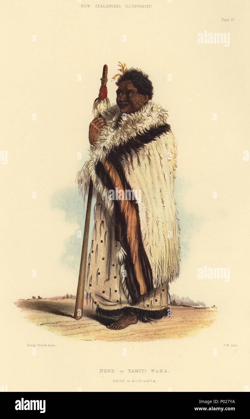 . Anglais : Nene, OU TAMITI WAKA. Chef de HOKIANGA. [Image de la page 45 DE LA PLAQUE] XVII. NENE, ou TAMITI WAKA. NENE, ou, comme il est maintenant plus généralement connu sous son nom de baptême--Thomas Walker--(L'Tamiti, Waka) est le principal homme de la Nga-ti-toa tribu, qui, comme beaucoup d'autres, est compris dans le grand nord des tribus généralement appelé Nga Pai. La résidence du célèbre l'homme est près de la station de la Mission wesleyenne, sur les rives de la rivière Hokianga, où il a établi son caractère pleinement comme l'ami et le protecteur des Européens, longtemps avant la colonisation de Ze Banque D'Images