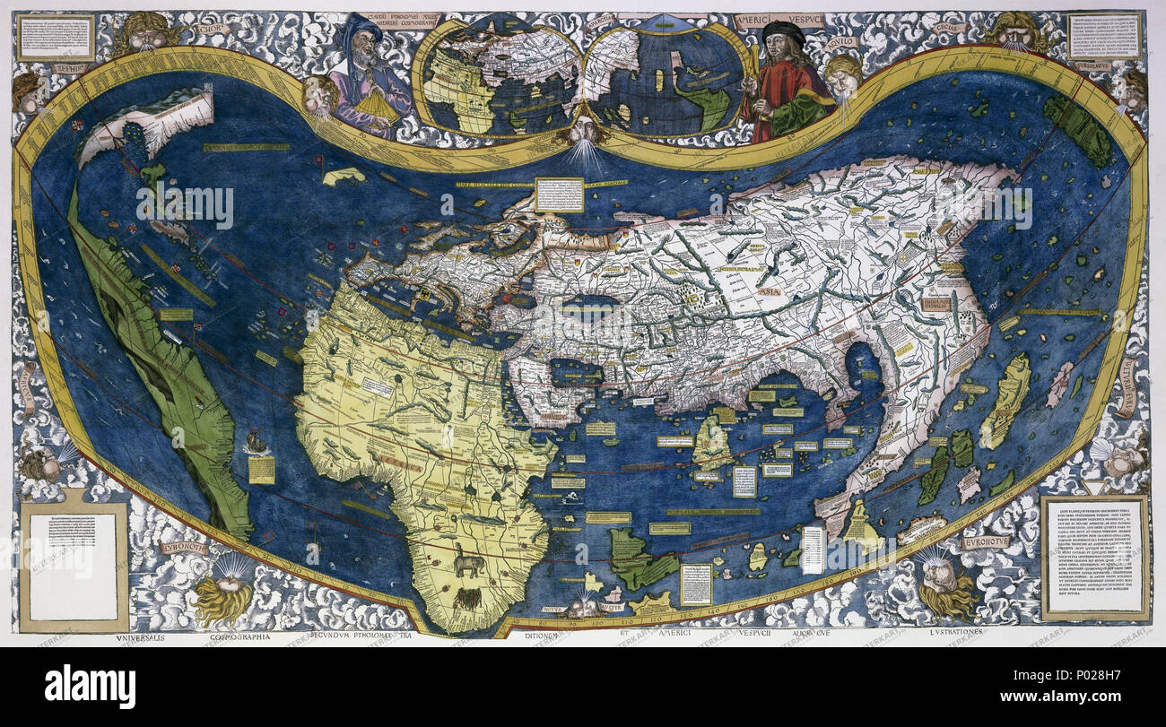 . Anglais : une grande impression claire de Waldseemüller's carte du monde. En ce moment encore en filigrane numérique. . 1507. Ptolémée, Amerigo Vespucci, & al. 25 Carte Waldseemueller Banque D'Images