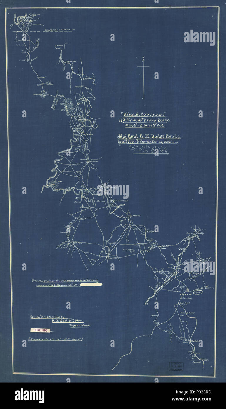 . Anglais : Les dates, les pays qui fournissent des positions et campings dans le nord-ouest de la Géorgie entre Chattanooga et Atlanta. Illustré par hachures de secours. Don ; Miss Eleanor Sherman Fitch ; 7 juillet 1942. Blue Print. Guerre civile LC cartes (2e éd.), S180, 121 accessible également sur le site Web de la Bibliothèque du Congrès comme une image raster. Dans la 15e 'Merged A.C., 64 août.' 'Date Juin 1890' de l'étiquette, l'étiquette apposée sur la carte. . Campagne 'Atlanta', aile gauche 16e Corps d'armée., 4 Mai à Septembre 8th, 1864 : le major général. G.M. Dodge, comdg Genls.,. Corse et Burke, comdg. divisions. 4 mai 1864. Bell, C. J. 1 "Atlanta c Banque D'Images