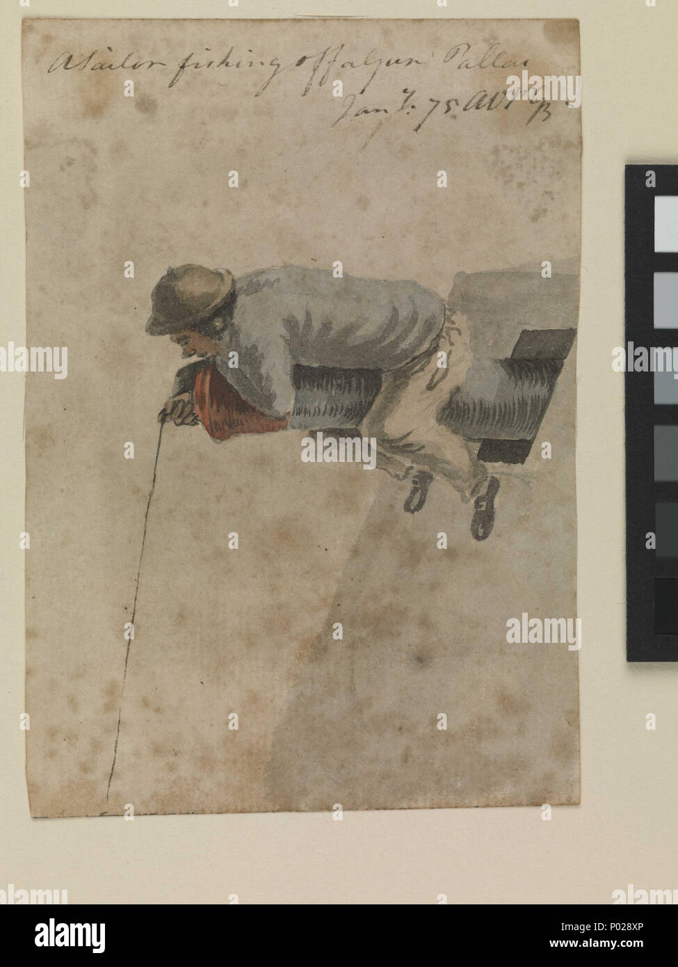 . English : 'un marin la pêche au large un fusil [sur la] Pallas' [Bray album] n° 41 du 74 (PAJ1976 - PAJ2049) un dessin d'un marin pêche signée et datée 'Jany 75 AVprGB' (à la vie par Gabriel Bray). Il a été tiré à bord du 'Pallas', peut-être à l'ancre à Santa Cruz deTenerife, en route pour l'Afrique, au Sénégal ou les routes. Du point de vue du sujet c'est une autre version de PAJ2015. Les deux sont parmi les 73 dessins de Bray (plus un signé 'NF 1782') conservés dans un album du xixe siècle. Ils ont maintenant été séparément remontée. Bray (1750-1823), était le sous-lieutenant de la 44-gun 'Pallas' sous le commandement du capitaine l'hon. Banque D'Images