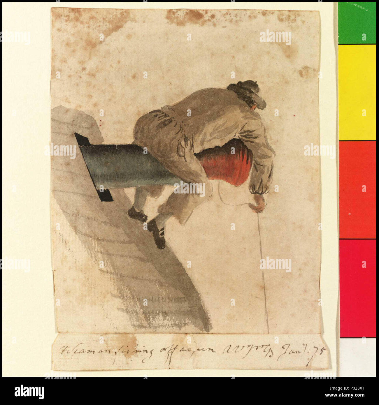 . English : 'un matelot de la pêche au large un fusil' [Bray album] n° 40 du 74 (PAJ1976 - PAJ2049) titrée et datée comme ci-dessus et signée et datée 'AVprGB Jany 75' (pour la vie par Gabriel Bray), sur le papier. Dessiné sur la 'Pallas', peut-être à l'ancre à Santa Cruz de Tenerife, en route pour l'Afrique, au Sénégal ou les routes. Du point de vue du sujet c'est une autre version de PAJ2016. Les deux sont parmi les 73 dessins de Bray (plus un signé 'NF 1782') conservés dans un album du xixe siècle. Ils ont maintenant été séparément remontée. Bray (1750-1823), était le sous-lieutenant de la 44-gun 'Pallas' sous l'honorable capitaine Willia Banque D'Images