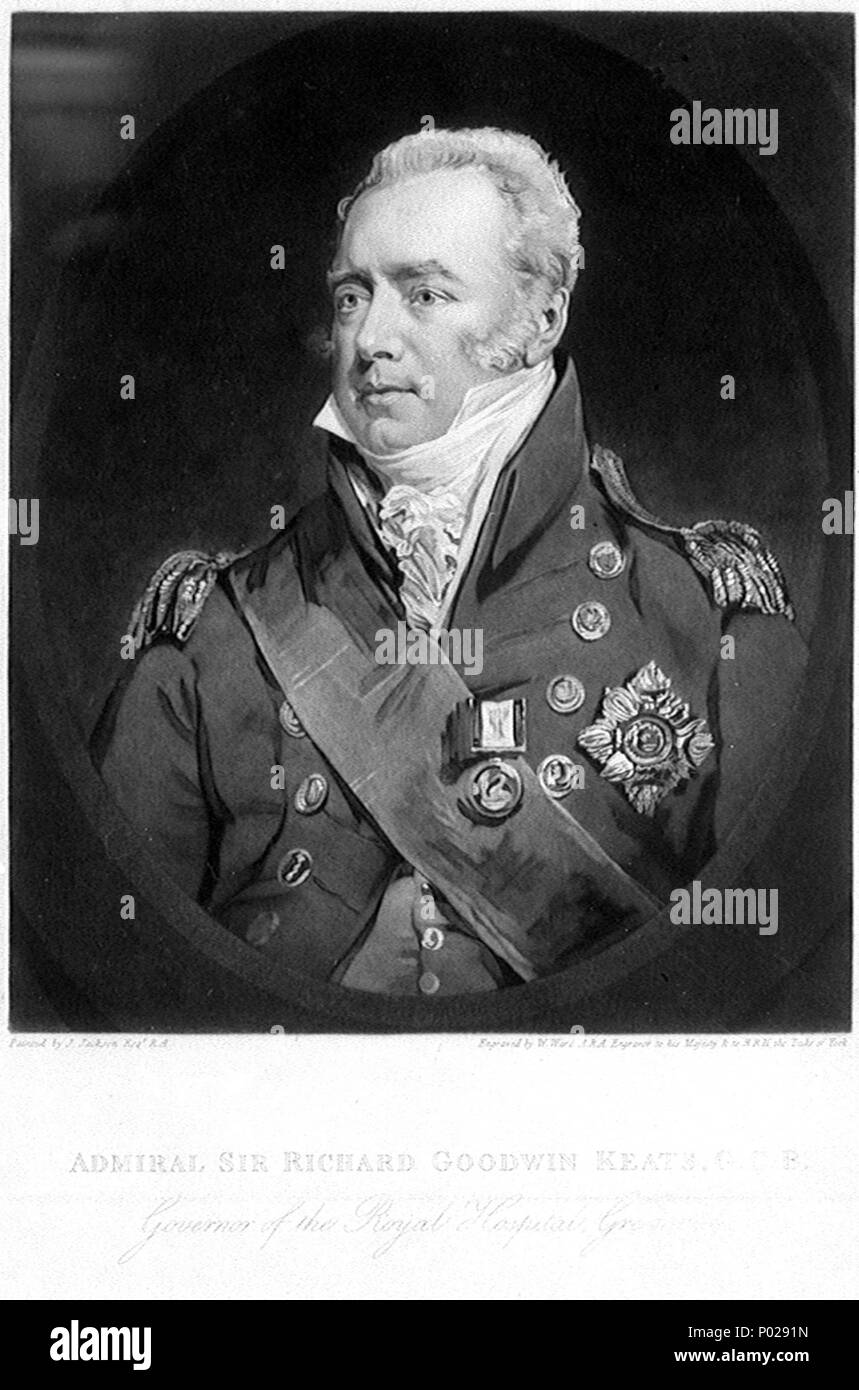. English : 'l'amiral Sir Richard Goodwin Keats. G. C. B. Gouverneur de l'Hôpital Royal, Greenwich' c'est gravé de Jackson's peinture à l'huile d'environ 1817 (BHC2975). Keats (1757-1834) a eu une carrière très active dans les guerres américaines et françaises et devient gouverneur de Greenwich en 1821 en tant que vice-amiral, passant à l'amiral à l'ancienneté en 1825. Quand il meurt en 1834 au début de son ami, le naval 'Sailor' King William IV, a commandé un buste de lui par Chantrey dans sa mémoire qui est toujours debout dans la chapelle (voir PAI8792), couplé avec un par Behnes commémorant son successeur au poste de gouverneur (1834-39), S Banque D'Images
