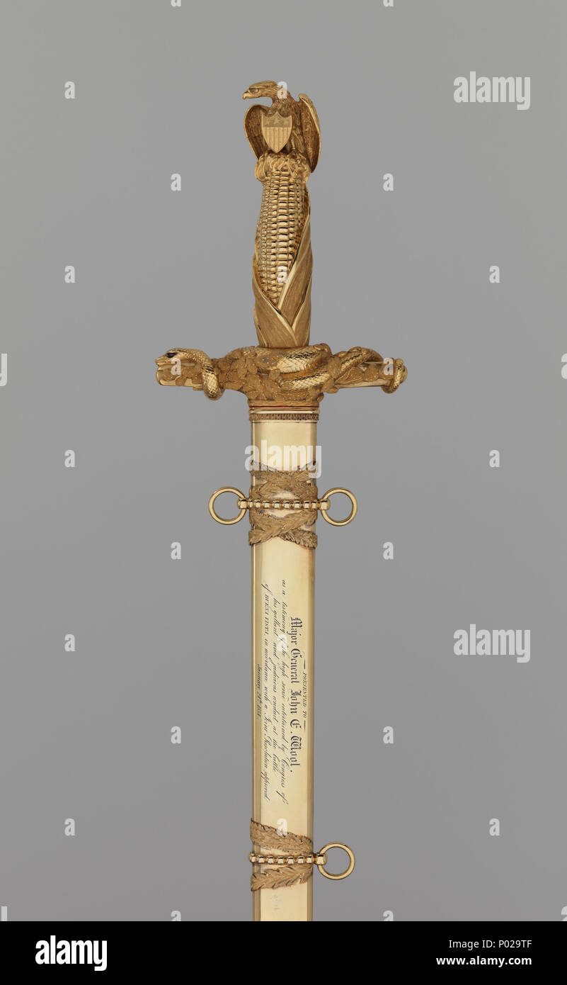 . Anglais : Présentation du congrès et fourreau épée du Général John E. Wool (1784-1869). Cette épée a été décerné par le Congrès des Etats-Unis au général de la laine en 1854 en reconnaissance tardive de son rôle dans la victoire américaine à Buena Vista (février 1847) durant la Guerre du Mexique. La poignée d'or massif intègre l'aigle américain comme le pommeau, un épi de maïs pour la poignée, et une branche de cactus avec des serpents entrelacés (pour le Mexique) comme le contre-garde. Les proportions élégantes de l'épée, nouvelle conception, conception sculpturale, et finition superbes en font un exemple remarquable de la mi-nin Banque D'Images