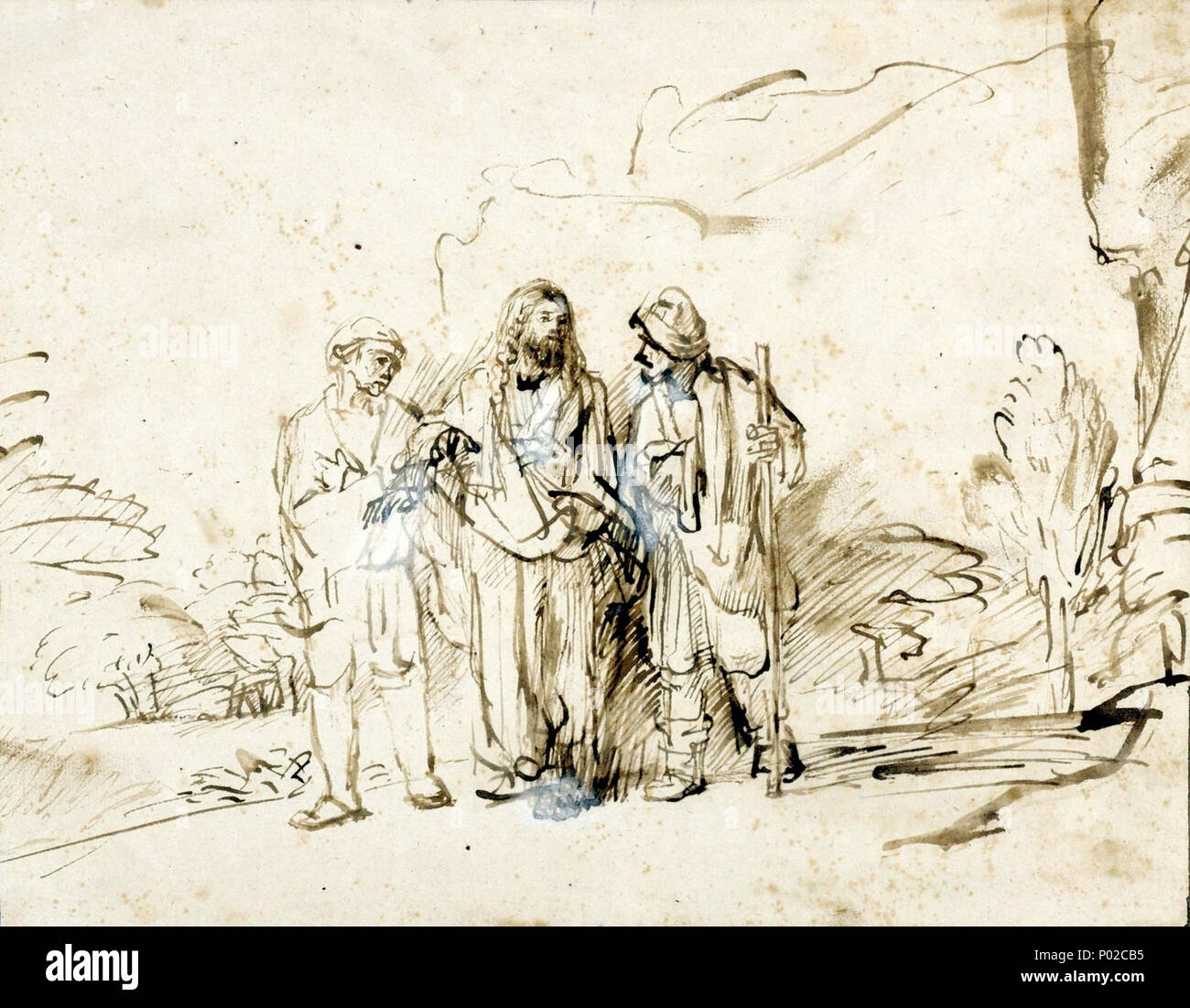 . Plume et pinceau dans l'encre brune, lavés, rehaussée de blanc, sur papier . Le Christ avec deux disciples sur le chemin d'Emmaüs. circa 1655 17 avec deux disciples du Christ de Rembrandt Banque D'Images