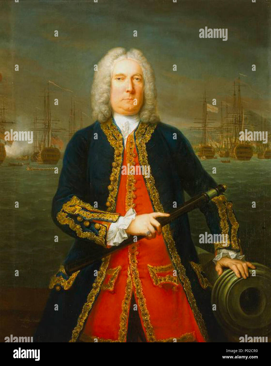 . Anglais : peints alors le vice-amiral de la Rouge et de commandant en chef de la Mediterranean fleet, 1742-44. Dans l'arrière-plan est de la Baie d'Hyères, Toulon, avec Mathews' Second in Command, le phare de Richard Lestock 90 canons 'Neptune', et les unités de son escadron sur la droite ; l'arrière de la vedette de Mathews 90 canons 'Namur', est à l'extrême gauche de la photo. . L'amiral Thomas Mathews (1676-1751) . 1743 18 l'amiral Thomas Mathews Banque D'Images