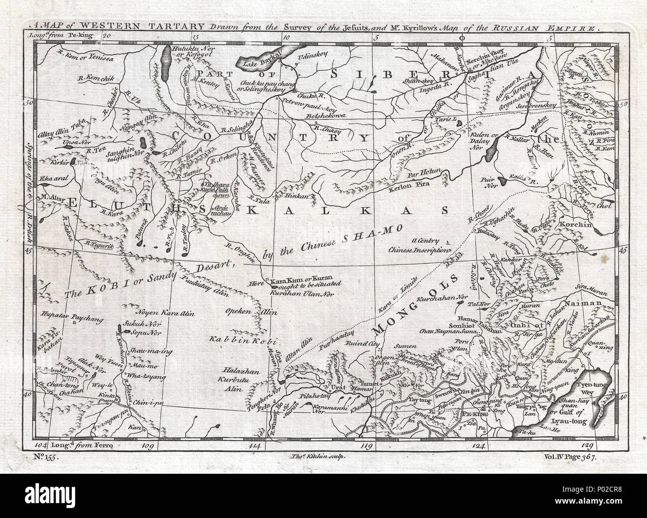 . Anglais : une cartographie européenne 1747 fascinante du désert de Gobi et la partie est de la Route de la soie région de Thomas Kitchin. Couvre du Lac Baïkal dans le nord au sud, jusqu'à Beijing, à l'est jusqu'au golfe de Lyau-tong (mer Jaune), et à l'ouest jusqu'à Chan-tong. Lorsque cette carte est tirée de la géographie de cette région a été très mal compris par les Européens. Cette carte est généralement dérivée de missionnaire jésuite rapports et la grande carte de l'Empire russe préparé par Kyrillow. Illustre la Grande Muraille de Chine, diverses routes caravanières, censés les rivières et les établissements humains, et divers ni (ou la Banque D'Images