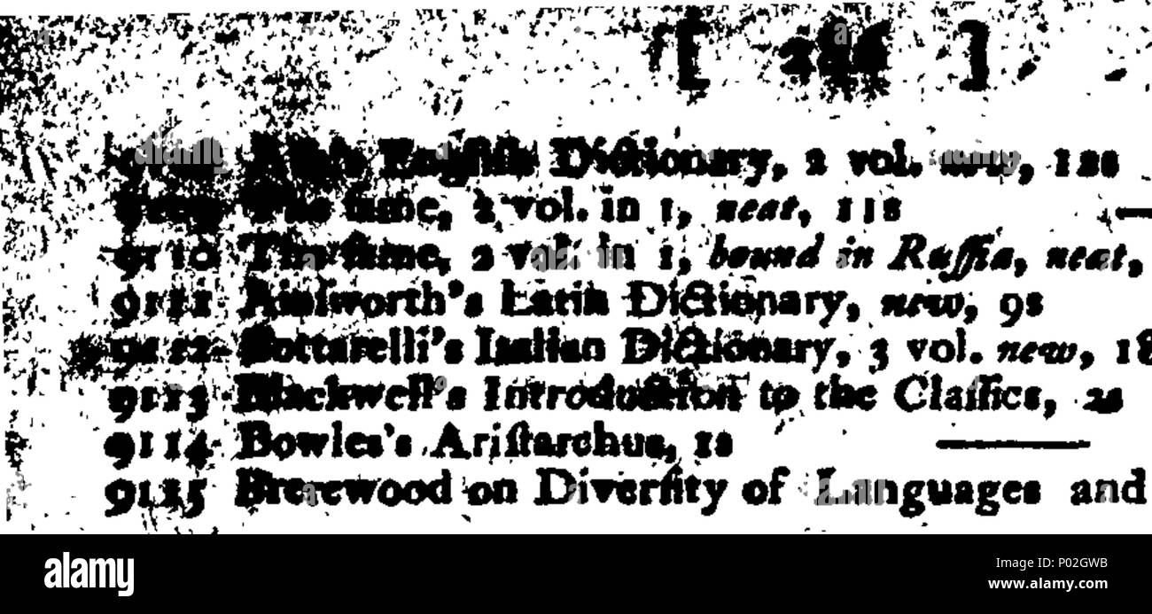 . Anglais : fleuron de livre : un catalogue de rare, splendide, et livres précieux, dans chaque direction générale de la littérature courtoise ; y compris l'ensemble de bibliothèques de la Rev. Harvey, La Fayette ... aussi du Révérend Henry Putman, ... La vente débutera le 19 février, 1798, par John White, ... 31 Un catalogue de rare, splendide, et livres précieux, dans chaque direction générale de la littérature courtoise ; y compris l'ensemble de bibliothèques de la Rev Fleuron T061374-3 Banque D'Images