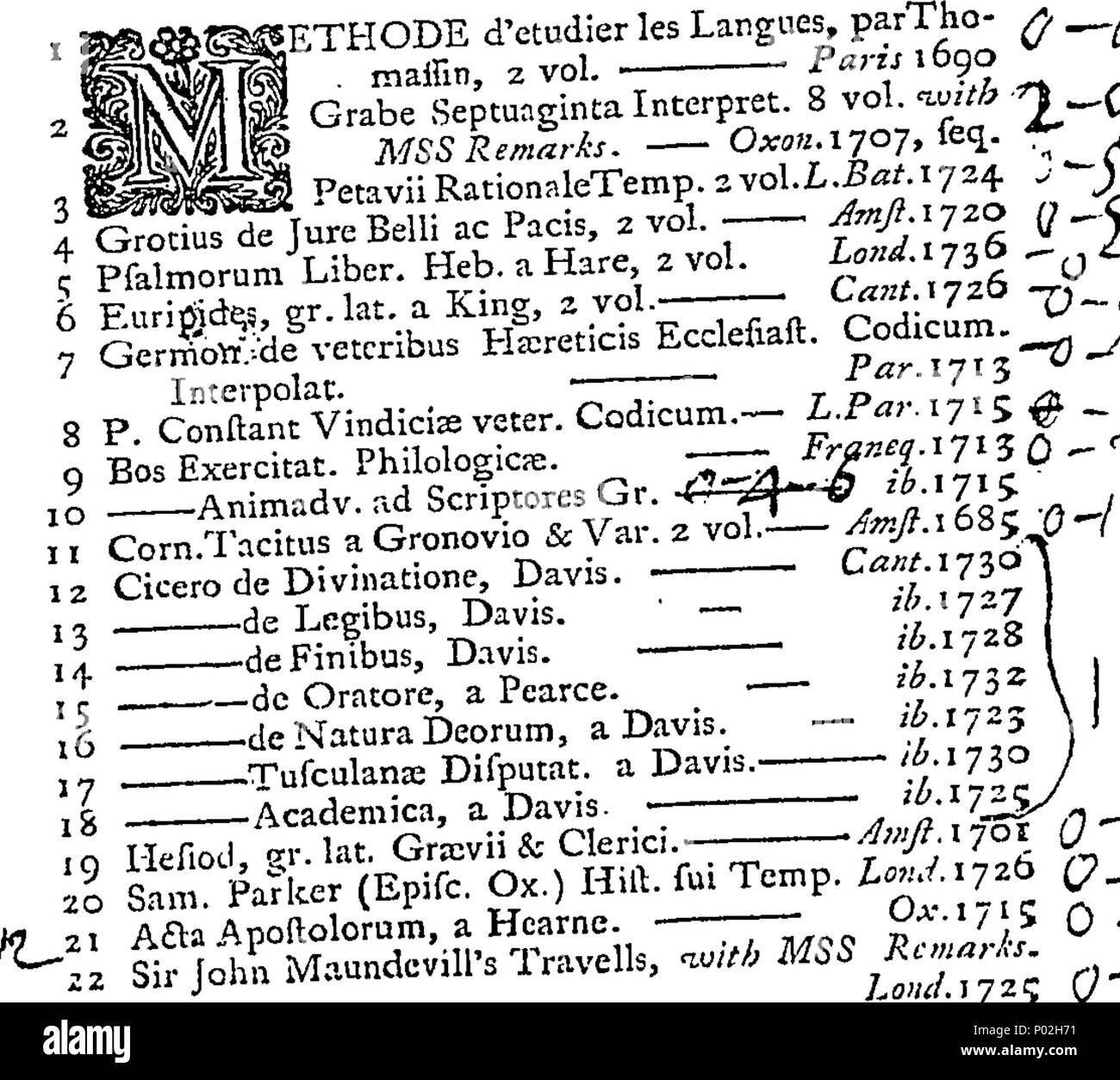 . Anglais : fleuron de livre : un catalogue de la bibliothèque du savant Daniel Waterland, D.D. Archidiacre de Middlesex, et Canon de Windsor : composé d'un choix collection de livres précieux et utiles, en philologie Sacrée, lexiques, classiques, et les meilleurs écrivains modernes dans la Divinité, &c. avec un compleat collection de l'abbaye bénédictine éditions des pères. Également au-dessus de l'une centaine de volumes de brochures dans toutes les Sciences. Beaucoup de livres ont été grandement améliorées par le curieux mss remarques que le médecin a fait dans la lecture. Tout ce qui sera vendu aux enchères à St Paul's Coffee-House, sur Banque D'Images