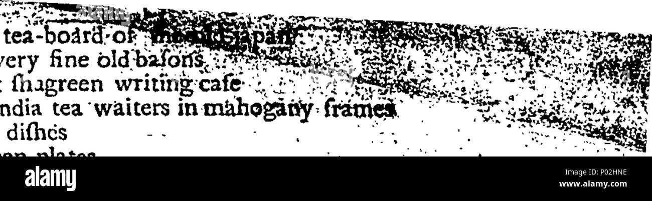 . Anglais : fleuron de livre : un catalogue des données particulières à la maison d'habitation, coach interne, et des écuries pour quatre chevaux, avec une autre maison, et Court-Yard Ware-House, communicantes, près de Old Bethlem, de Sir Joseph Eyles, Deceas'd. De même, tous les foyer et d'autres meubles ; composé de Damask et d'autres lits, Window-Curtains, et les pendaisons ; Pier, cheminée, et d'appliques en verre ; Inde, Rose-Wood et armoires en acajou, des écrans, des coffres, des tables, et des chaises ; riche tapisserie de Bruxelles ; la Perse, et les autres tapis ; grand choix de l'ancien Japon Chine fine, et surtout, un site plus exquit Ensemble de fin Banque D'Images