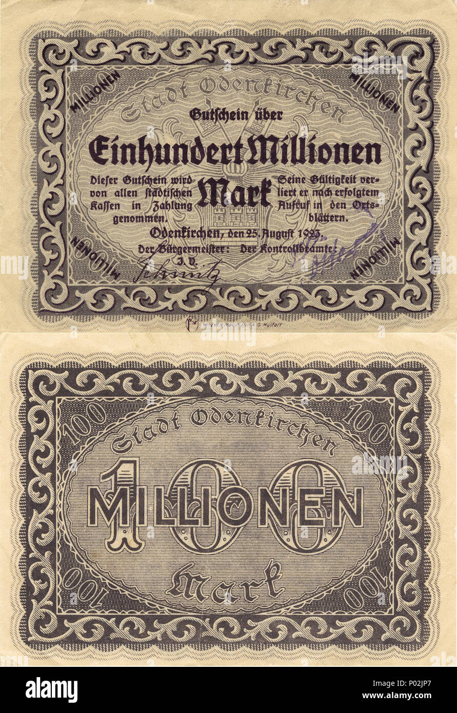 . Deutsch : 100.000.000 Marque, Odenkirchen, 1923 . 25 août 1923. Stadt Odenkirchen 1 100000000MarkOdenkirchen1923 Banque D'Images