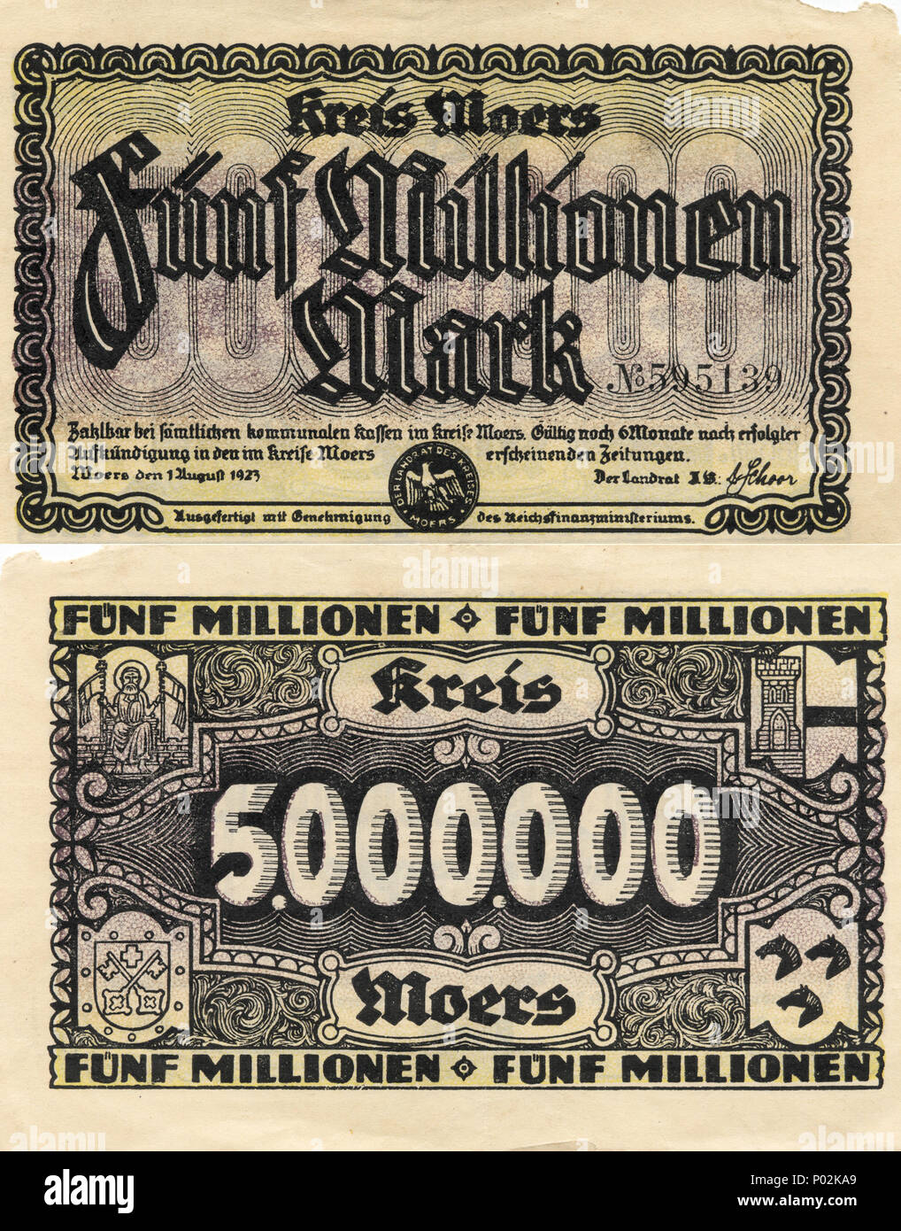 . Deutsch : 5.000.000 Mark, Kreis Moers, 1923 . 1er août 1923. Kreis Moers 1 KreisMoers5000000Mark1923 Banque D'Images