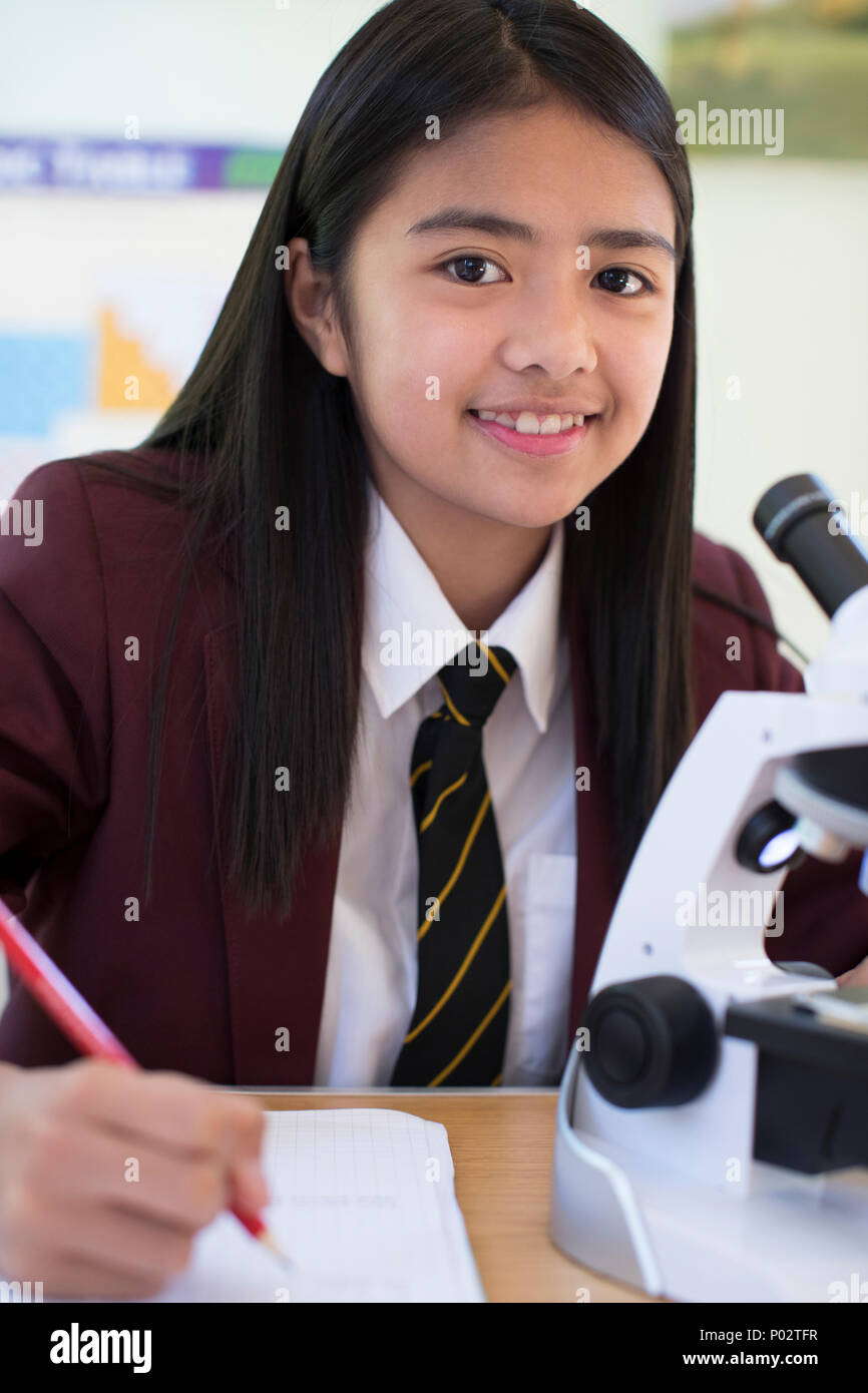 Portrait of Female Student en uniforme Using Microscope in Science Class Banque D'Images