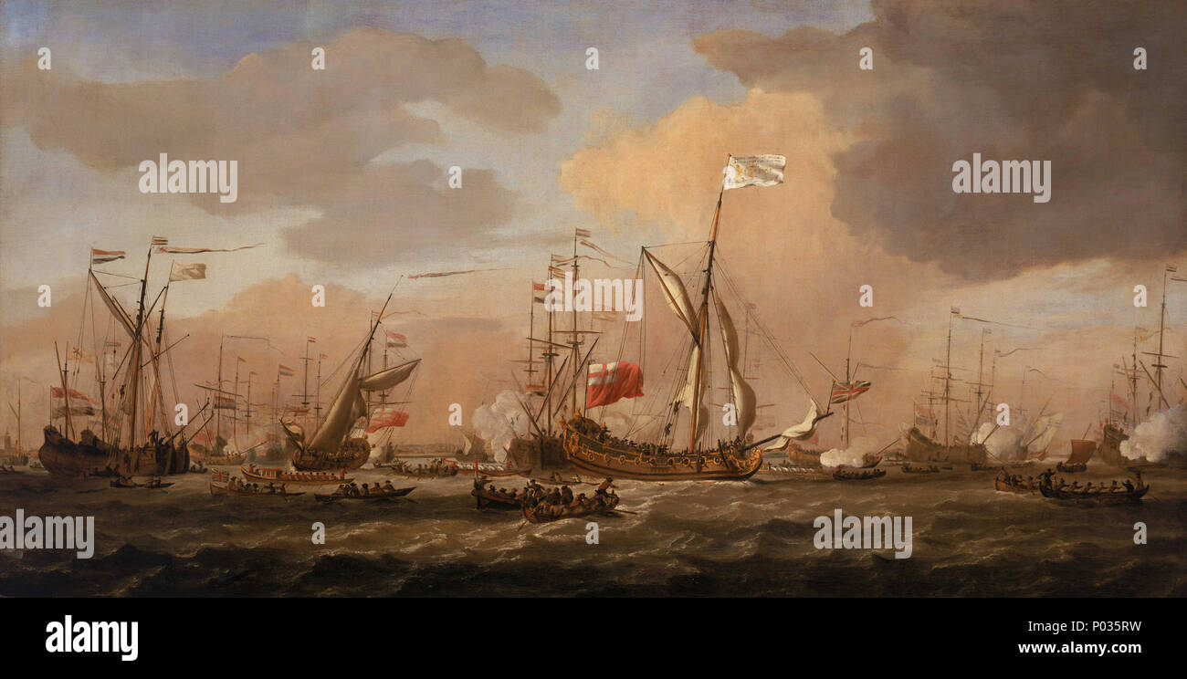 . English : 'La Mary', Yacht, arrivant avec la Princesse Mary à Gravesend dans une brise fraîche, 12 février 1689 après le Prince William d'Orange débarque à Torbay en novembre 1688, lors de la "glorieuse révolution", a déclaré son beau-père, le roi catholique Jacques II, James a fui le pays. Dans un délai de trois mois à William était suffisamment établi en Angleterre pour son épouse, la fille de James, la Princesse Marie de venir de Briel pour le rejoindre. L'atterrissage à Gravesend, elle s'est ensuite rendue en bus à Greenwich pour être reçu par sa sœur Anne et son beau-frère du Prince Georges de Danemark. La peinture sh Banque D'Images