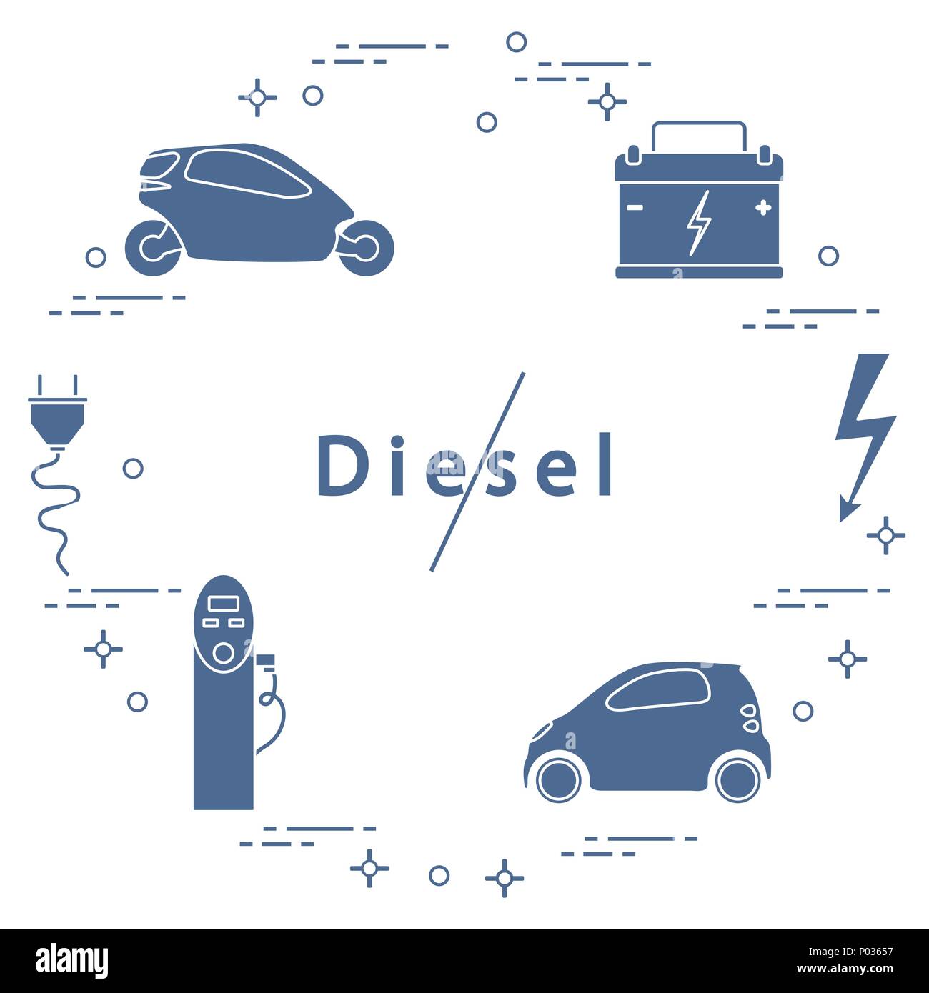 Interdiction des moteurs diesel. Le transport est respectueux de l'environnement. Voitures électriques, batterie, station de recharge, signe de sécurité électrique, câble, connecteur électrique Illustration de Vecteur