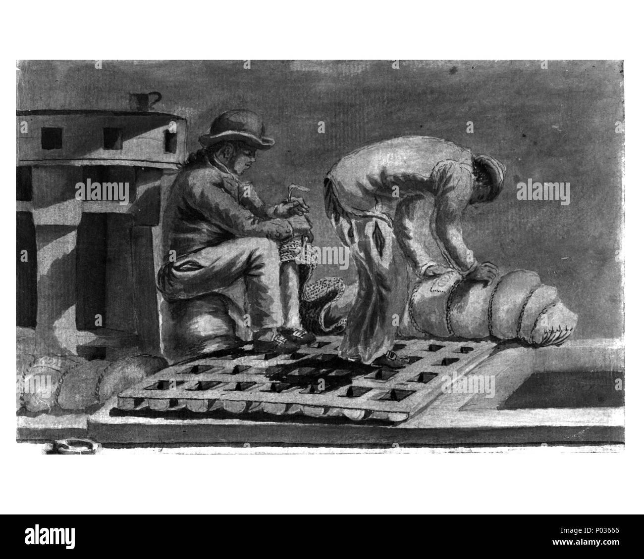 . English : 'Le confectionneur billetterie les hamacs à bord du Pallas, Nov 74' [Bray album] n° 17 du 74 (PAJ1976 - PAJ2049) un dessin d'un confectionneur signé 'AVprGB' (à la vie par Gabriel Bray). Les hommes ont été émises avec des hamacs qui ont supporté un nombre indiquant leur place dans le navire - littéralement puisque c'était l'espace où l'hamac serait suspendue et renvoyée après la diffusion (voir PAJ1989) ou d'être emballés dans le plat-bord fabrications hamac sur le pont où ils ont été mis en bataille, comme protecton de tirs d'armes légères. Le chef de l'étrave indique qu'il s'agit d'une scène de pont. Le dessin aussi Banque D'Images