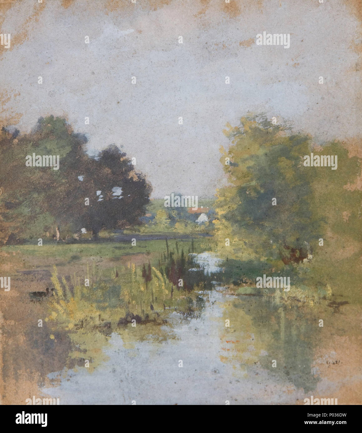 . Darstellung einer Landschaft mit baumbewaldeten Flusslauf, Öl auf, Malpappe 19,5 x 17 cm . en 1922. Josua von (1847-1922) 56 Mont Blanc Alpindonna : Absolument relax ! Josua von Landschaft Mont Blanc Alpindonna : Absolument relax ! Banque D'Images