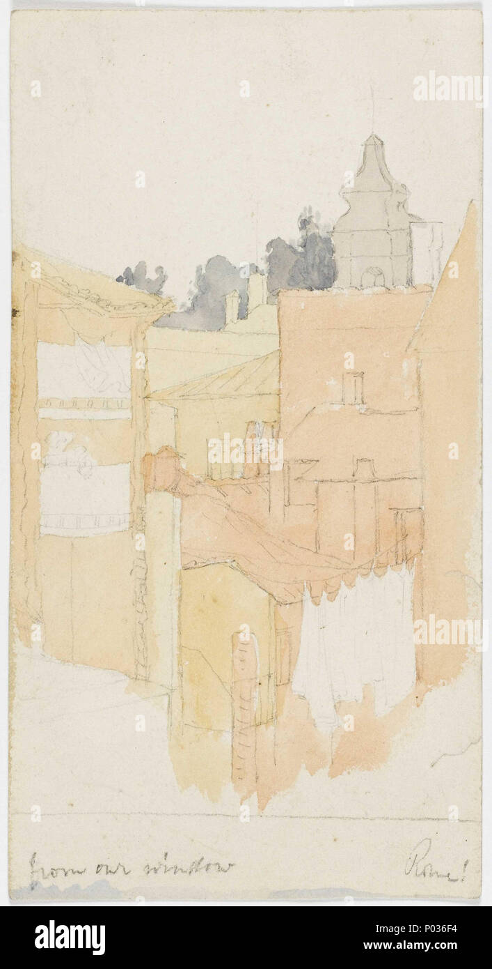 . English : 'vue depuis notre fenêtre Rome' bien que non daté ce dessin de la "vue de notre fenêtre dans Rome" a probablement été fait par Mathilde Rose sur le même voyage en Italie comme autres dessins de cette collection qui lui donnerait une date d'environ avril 1873. Il est signé par l'artiste. Les enfants de la classe moyenne des familles anglaises étaient souvent envoyées en déplacement autour de l'Italie au xixe siècle pour en savoir plus sur l'art et la pratique le croquis. Rose, comme elle était connue de la famille, était John et Margaret's 10ème enfant. C'est l'un d'une série de dessins qu'elle, aux côtés de ses frères et sœurs, aurait fait comme Banque D'Images