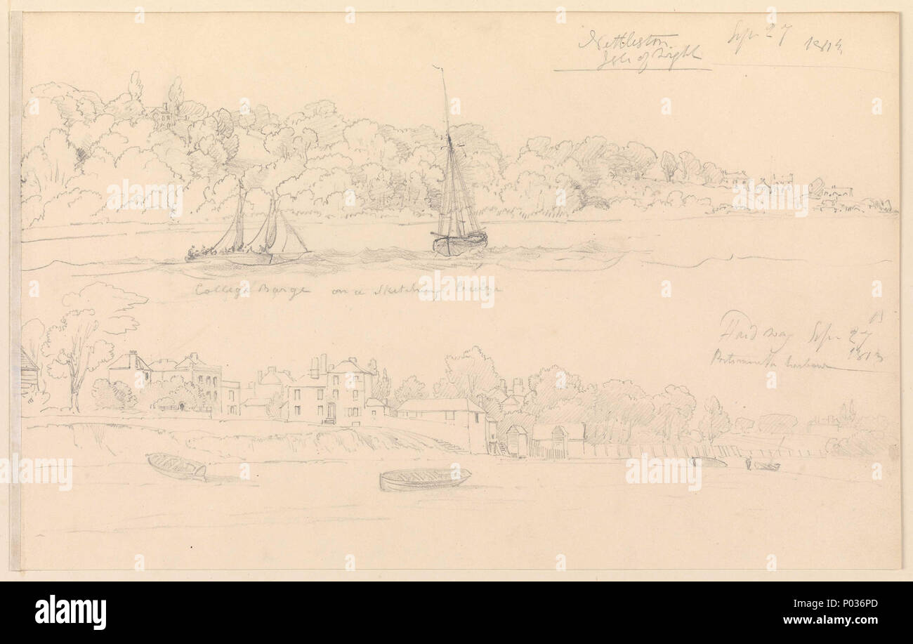 . Anglais : (Recto) Dessin d'esquisses sur un chaland Collège cruise Nettleston, île de Wight Sep 27 1813 et le dessin de Portsmouth Harbour Hardway Sep 27th 1813 (Verso) La plage de Southsea No 21 de 30 (HAP3772 - PAH3801) (Recto) Les deux dessins sur cette feuille ont été tirés sur le même jour au cours de l'un des croquis du Schetky expéditions. L'illustration du haut montre la barge du Royal Naval College Portsmouth avec ses élèves et Schetky passé à Nettleton, un village situé à quatre kilomètres au sud-est de Ryde, sur l'île de Wight, ce qui aurait été à proximité de Portsmouth. Le dessin inférieur est un vi Banque D'Images