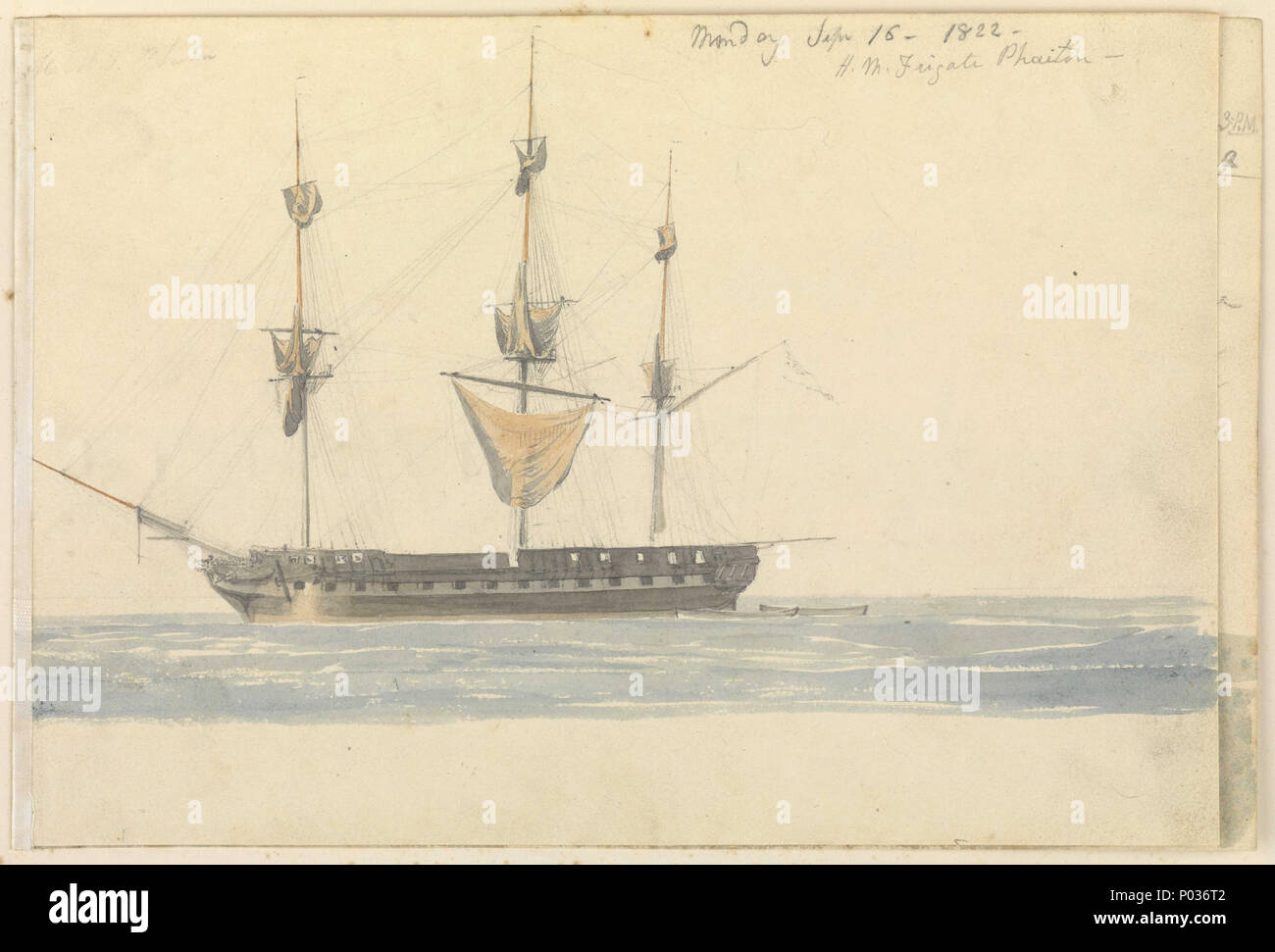 . Anglais : (Recto) de la frégate HMS Phaeton '', 1822 ; (Verso) le HMS 'Active' n° 27 de 73 (PAI - PAI09610889) (Recto) insribed Dessin en haut à droite 'lundi 17 Sep 1822 16 - -/ H.M. Frigate Phaeton -', avec une vague inscription en haut à gauche. 'HMS Phaeton', 38 mitrailleuses, a été lancé à Liverpool le 12 juin 1782. (Verso) Il y a une aquarelle de la coque d'une frégate sur l'inverse qui s'étend sur une double page. Il est largement annotées dans l'écriture, et Schetky par la main d'une autre personne ou des mains. Il est daté du 23 septembre 1822 ainsi que le 26 septembre et la frégate HMS est identifié comme Banque D'Images