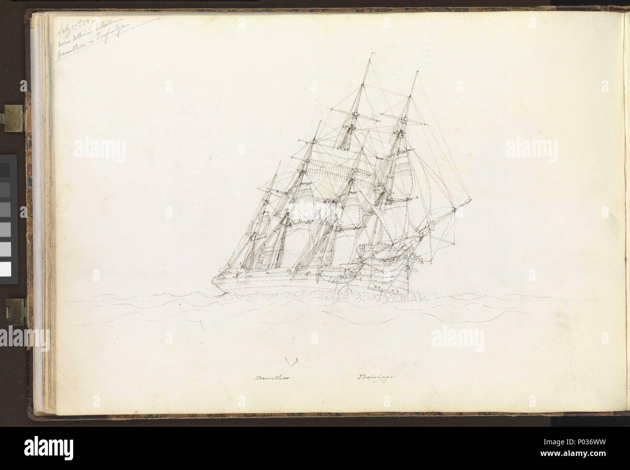 . Anglais : (Recto) Procès de la voile ; "Phaeton" le gagnant passant 'Trafalgar' (le tournant), au large de Malaga, 17 juillet 1852 - (Verso) près de collision entre 'Dauntless' et 'Trafalgar' n° 22 de 36 (PAI - PAI08840849). (Recto) inscrit au crayon en haut à gauche, '17 Juillet 1852 / Procès de la Voile / Fresh - vents d'ouest au large de Malaga' ; et en bas à l'encre et l'identification des navires de la flotte méditerranéenne impliqués : 'Vengeance', 'Rencontre', 'Highflyer / (deuxième)', 'Phaeton/ (Gagnant)', 'Trafalgar / (Tournant)', 'Indefatigable', 'arrogance', 'Albion', 'Dauntless', 'Bellerophon'. L 'Trafalgar' Banque D'Images