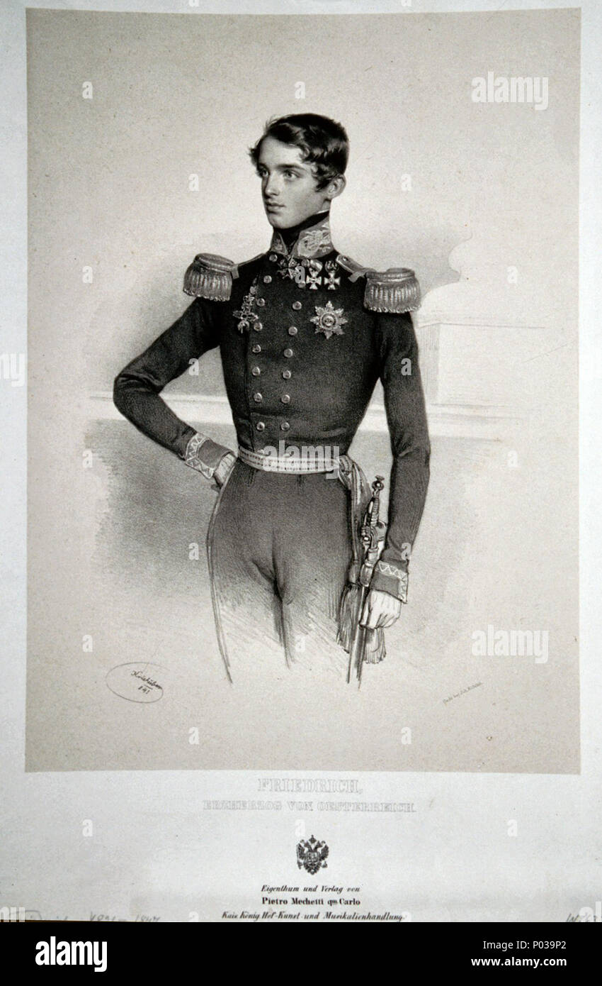 . Deutsch : Erzherzog Friedrich von Österreich (1821-1847), Oberkommandierender der k. k. Flotte, Vizeadmiral . 1841. Josef Kriehuber (1800-1876) Noms alternatifs Joseph Kriehuber peintre et lithographe autrichien Description Date de naissance/décès 14 Décembre 1800 30 mai 1876 Lieu de naissance/décès Vienne Vienne Autriche lieu de travail contrôle d'autorité : Q93804 : VIAF ?71599977 ISNI : ?0000 0000 6658 8354 ULAN : ?500093668 RCAC : ?n88195846 GND : ?118724436 20 WorldCat Erzherzog Friedrich 1841 Litho Banque D'Images