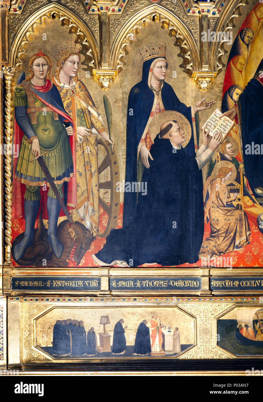 . Anglais : De gauche à droite, les chiffres représentent Saint Michel, Sainte Catherine d'Alexandrie, Vierge couronnée dans un habit dominicain qui présente son protégé Saint Thomas d'Aquin à lui, Dieu . Retable Strozzi titre alternatif(s) : français : Retaule d'Orcagna Orcagna retable de l'Anglais : Italiano : redentore e santi détail . à partir de 1354 jusqu'à 1357 23 8a Andrea di Cione Orcagna, retable Strozzi. Détail. 1354-57, Santa Maria Novella, Florence. Banque D'Images