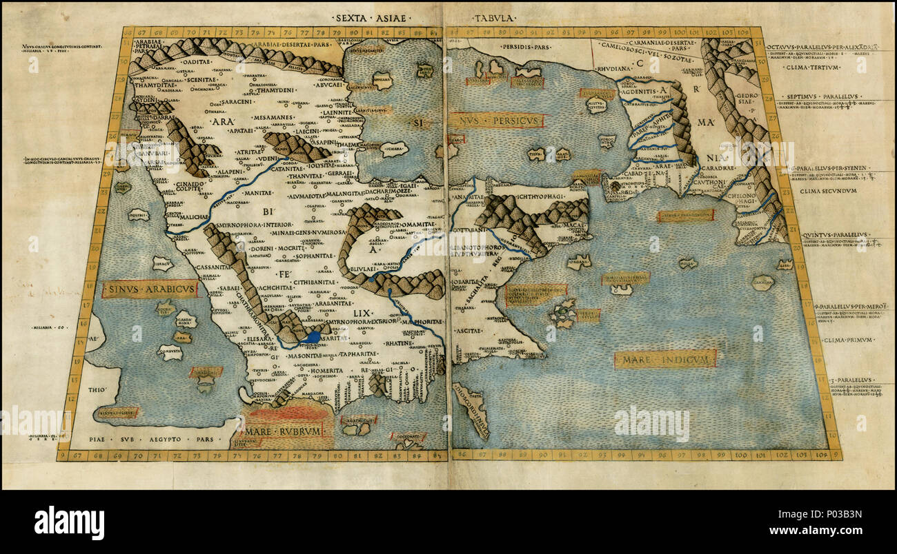 . Anglais : La sixième carte représentant l'Asie, Arabie Félix, à partir de la première impression romaine de la Géographie de Ptolémée Latina : Sexta Asiae Tabula : altera Carmania[,] Arabie Félix . 1478. Ptolémée, traduit en latin par Jacobus Angelus 1 Sexta Asiae Tabula Banque D'Images