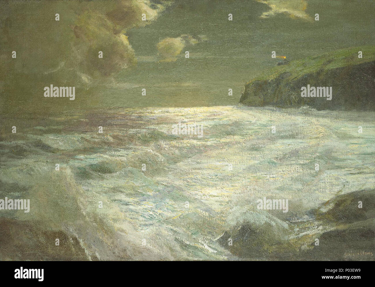 . Anglais : une vue côtière avec un phare côtier une scène montrant une pointe et phare, Pendeen peut-être à Cornwall, au loin sur la droite, avec des pierres au premier plan. La peinture montre la vue de nuit, avec l'éclat du faisceau de phare irradiant dans le ciel nocturne. La présence de la lune est impliquée par met en évidence dans les nuages et sur la mer. L'artiste, qui a travaillé à St Ives en Cornouailles et dans le sud de l'Irlande, est célèbre pour ses images de la lune, paysages et sujets marins. St Ives est un centre artistique à la fin du 19e et 20e siècles, parallèlement à proximité New Banque D'Images