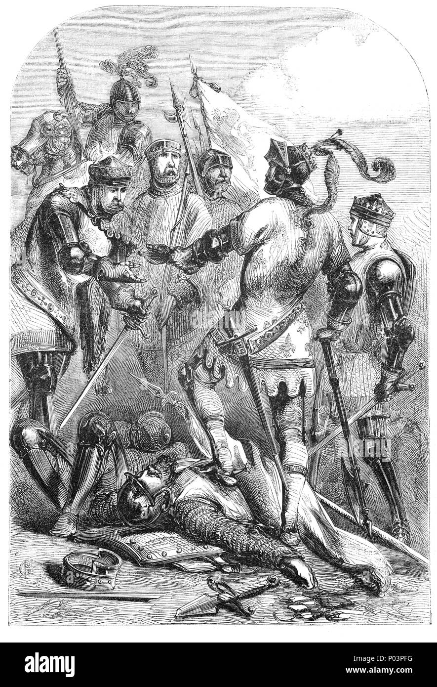 La bataille de Poitiers a eu lieu le 19 septembre 1356 à Nouaillé, près de la ville de Poitiers en Aquitaine, dans l'ouest de la France. Une armée, dont de nombreux anciens combattants de Crécy, dirigé par le Prince Noir, défait une plus grande armée Françaises et alliées menées par le roi Jean II de France, menant à la capture du roi, son fils, et une grande partie de la noblesse française. C'était la deuxième grande victoire anglaise de la belle phase de la guerre de Cent Ans. Poitiers a eu lieu dix ans après la bataille de Crécy (la première grande victoire), et environ un demi-siècle avant la troisième, la bataille d'Azincourt (1415). Banque D'Images