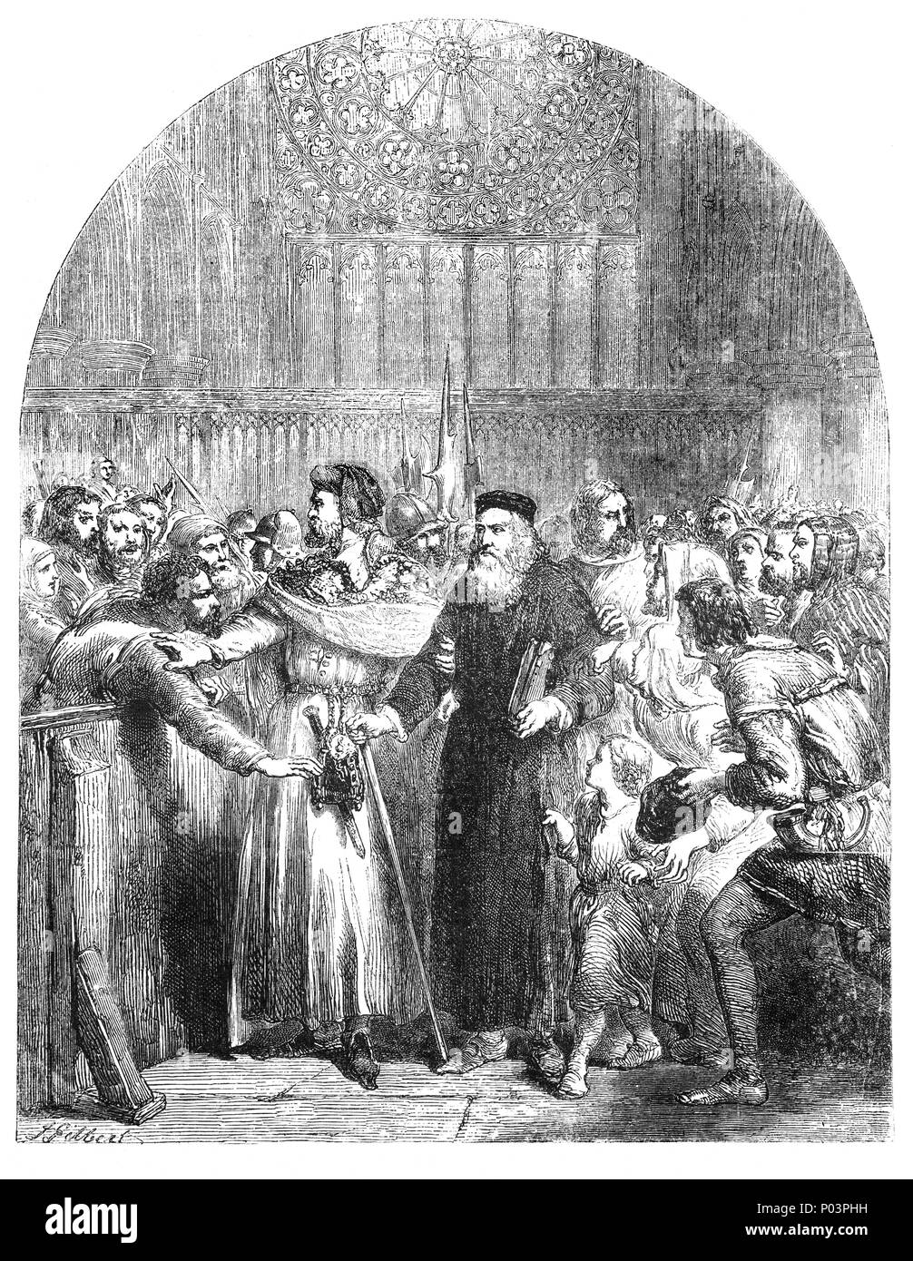 John Wyclif (1320-1384) était un philosophe, théologien scolastique, traducteur de la Bible, réformateur, anglican, et un séminaire, professeur à l'Université d'Oxford. Il a été un dissident au sein de la prêtrise catholique romaine et est considéré comme un important prédécesseur au protestantisme. Wycliffe a attaqué le statut privilégié du clergé et, en mars 1378, il a été cité à comparaître à Lambeth Palace pour se défendre. Cependant, sir Lewis Clifford est entré dans la chapelle et interdisait les évêques à procéder à une phrase concernant la conduite de Wycliffe ou opinions. Banque D'Images