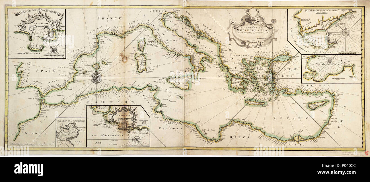. Anglais : un bon tableau de la Méditerranée plus humblement dédié à [Vierge] par Cha : :.1730.seule feuille. Part col. engr. Moyen : 2 feuilles rejoint lors de l'axe vertical, entoilée. Échelle : [ca.1:4 000 000]. Note : cartographique a obtenu son diplôme à la frontière pour la latitude. Échelle en Anglais & Français ligues. Table des matières Note : 5 cartouches et un plan de la ville et le port de Civita Vechia [ca. 1:10 000], la baie de Scanderoon [ca. 1:700000], [Leghorne Livourne] [ca. 1:22 000], un plan du port de Neptune ou Nahon [Anzio/Nettuno] [ca. 1:12] 000. Montre les ruines anciennes, la baie de Tunis [ca. 1:550 000]. G230:1/23 Banque D'Images
