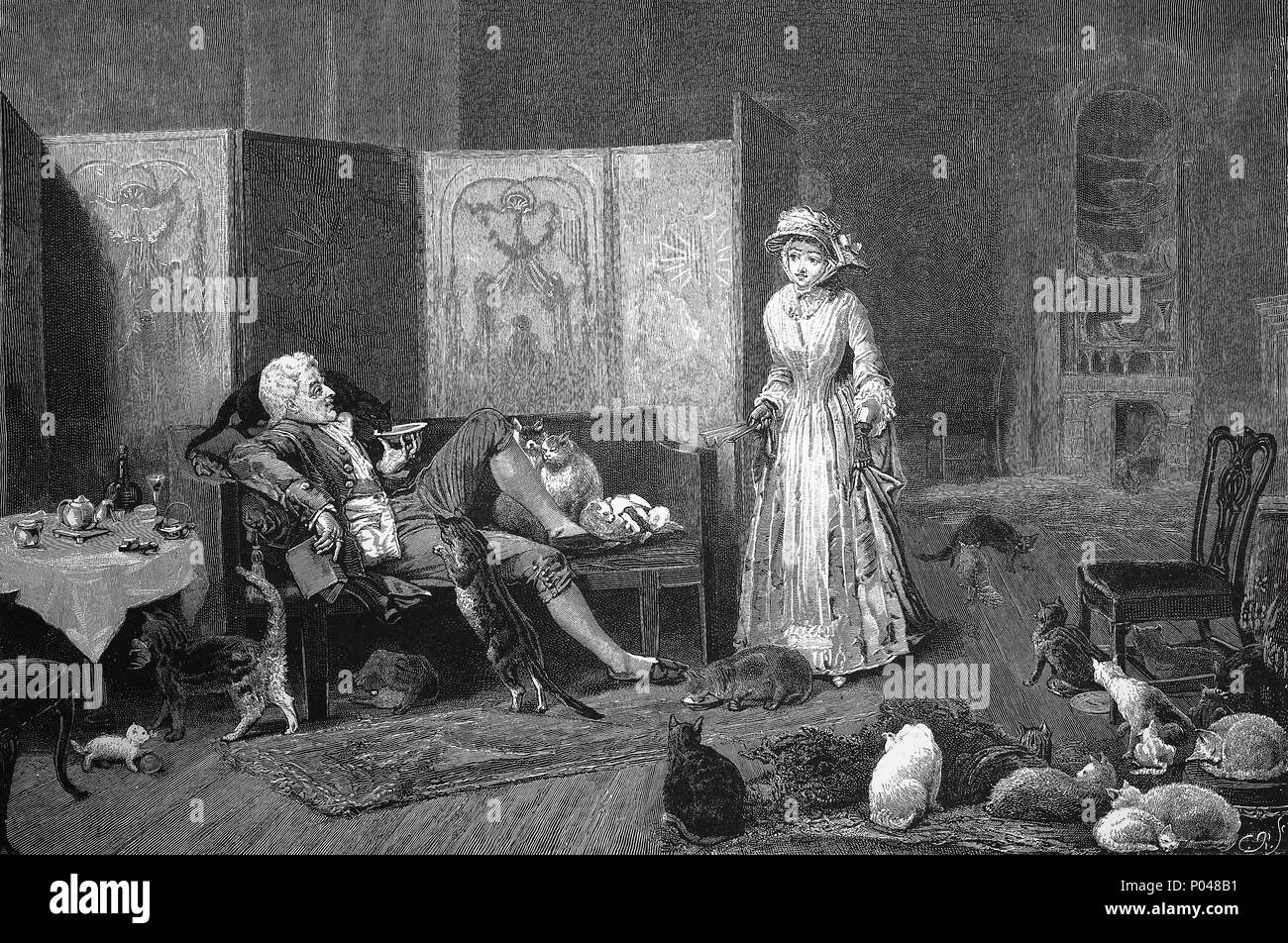 Anciens acteurs, un couple avec beaucoup de chats dans la salle de séjour, une amélioration numérique reproduction d'une estampe originale de l'année 1881 Banque D'Images