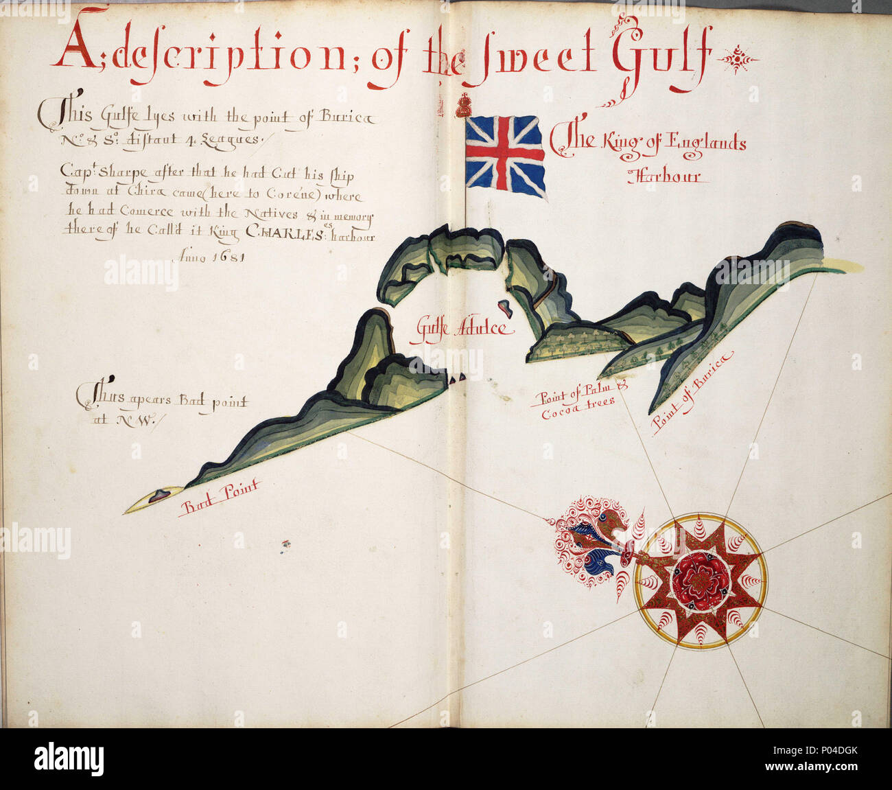 . Anglais : une description de l'GulfBound doux feuille. Le colonel ms. D'autres endroits : Costa Rica, Panama, Golfo Dulce. Remarque : Le contenu de l'Union. Remarque : 'Le Capitaine Sharpe après qu'il avait coupé son navire à Chira est venue (ici à Corene) où il avait Commerce avec les Autochtones et à la mémoire de celle-ci qu'il avait appeler Roi il Charleses harbour Anno 1681.'. Lié dans 'UN Wagoner de la mer du sud de la côte de la mer describeing acapulco à Albemarle Isle', une traduction anglaise d'un Espagnol derrotero capturés à partir du navire espagnol "Rosario" par le capitaine Bartholomew Sharpe en 1680. Hack fait plusieurs copies de cet atlas. Banque D'Images