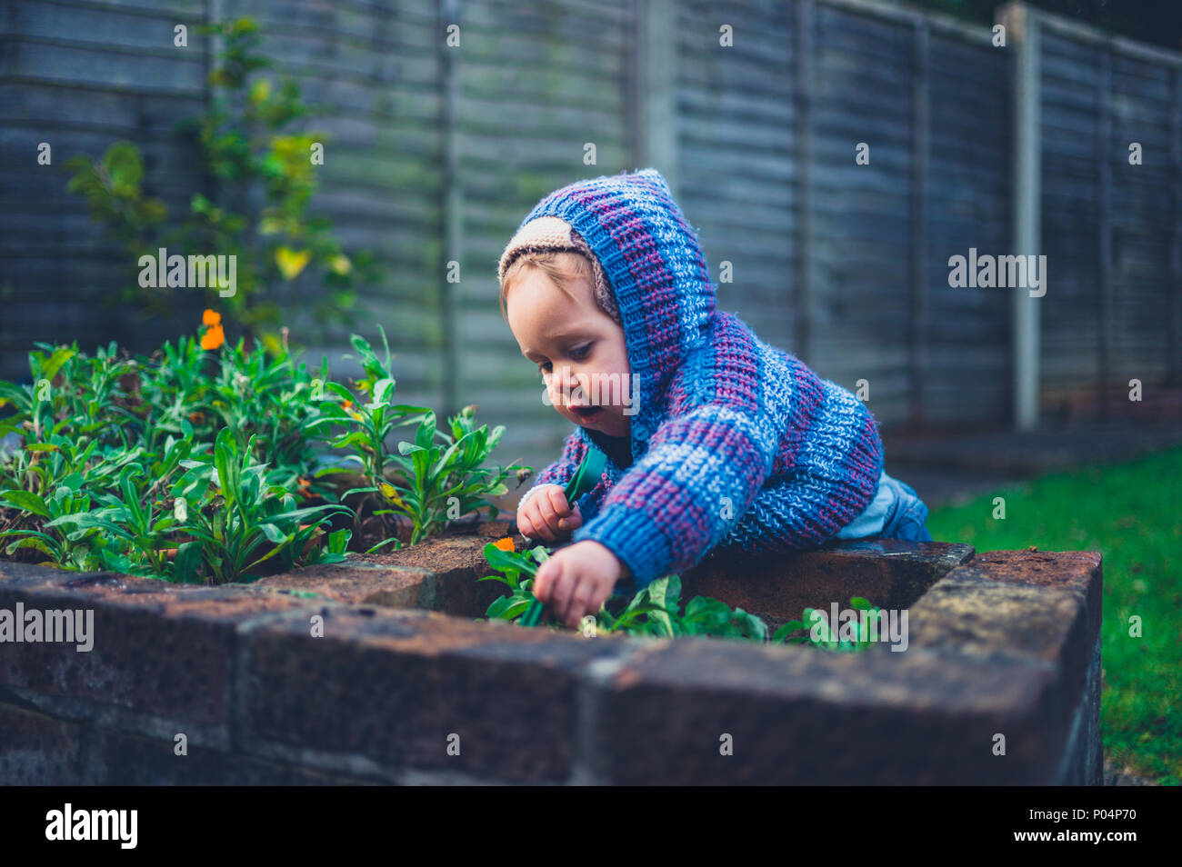 Un mignon petit bébé est en train de faire jardiner à l'extérieur en hiver Banque D'Images