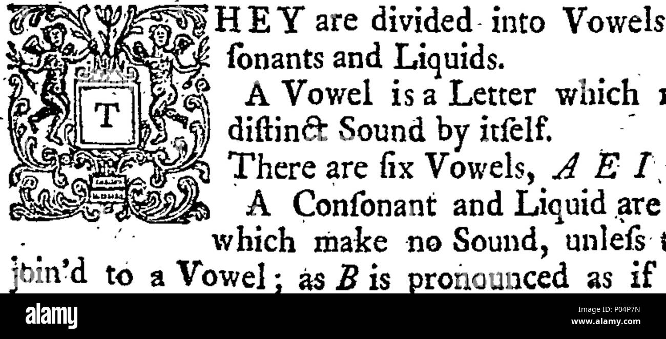 . Anglais : fleuron de livre : UN compleat et facile de la grammaire française, dans une méthode entièrement nouvelle, qui contient, tous les éléments du discours expliquer'd. La façon de conjuguer les verbes affirmative et interrogatively, sans et avec une négation. La formation des verbes réguliers, par laquelle il est clairement montré que, après la compréhension de la formation des verbes de la première conjugaison, on n'a qu'à tous les autres apprendre trois temps, et le participe présent passif. La manière de placer, les pronoms personnels, et les diverses significations de la relative Articles en et y (qui sont la plus grande complexité de t Banque D'Images