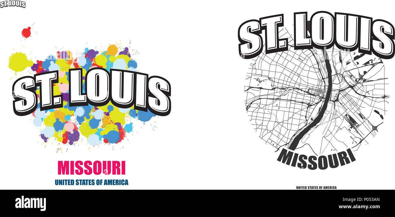 St Louis, Missouri, logo design. Deux en un avec le logo vector art. grandes lettres vintage avec une belle couleur de fond et une couleur-version avec la carte fo Illustration de Vecteur
