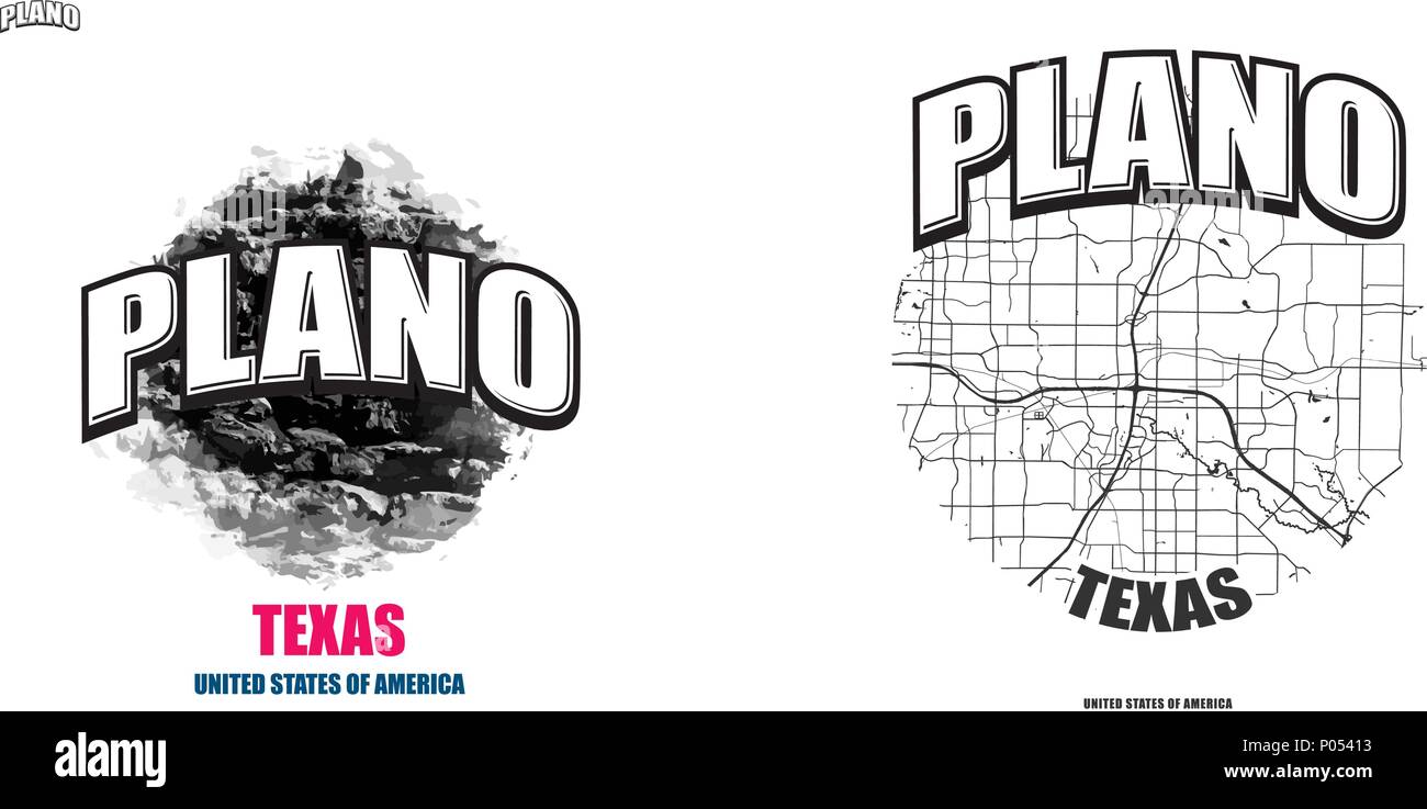 Plano, Texas, logo design. Deux en un avec le logo vector art. grandes lettres vintage avec une belle couleur de fond et une couleur-version avec pour chaque carte Illustration de Vecteur