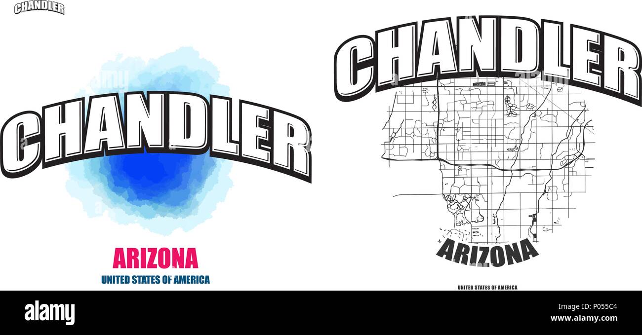 Chandler, Arizona, logo design. Deux en un avec le logo vector art. grandes lettres vintage avec une belle couleur de fond et une couleur-version avec carte pour Illustration de Vecteur