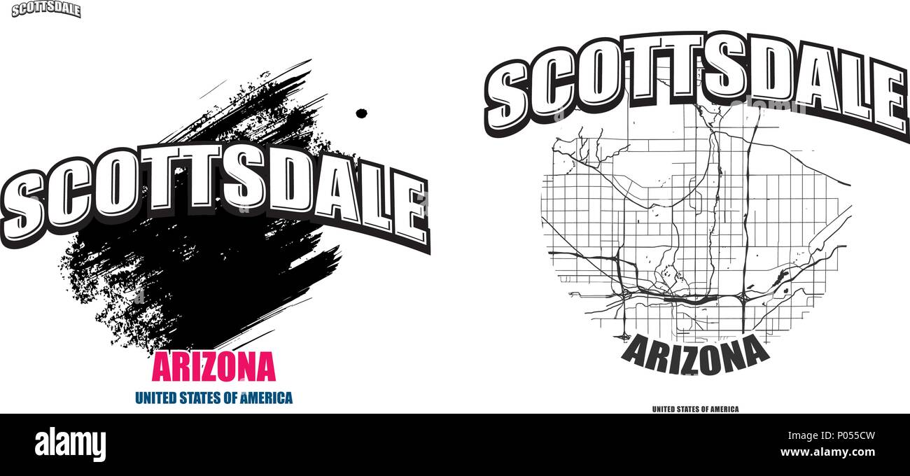 Scottsdale, Arizona, logo design. Deux en un avec le logo vector art. grandes lettres vintage avec une belle couleur de fond et une couleur-version avec la carte fo Illustration de Vecteur