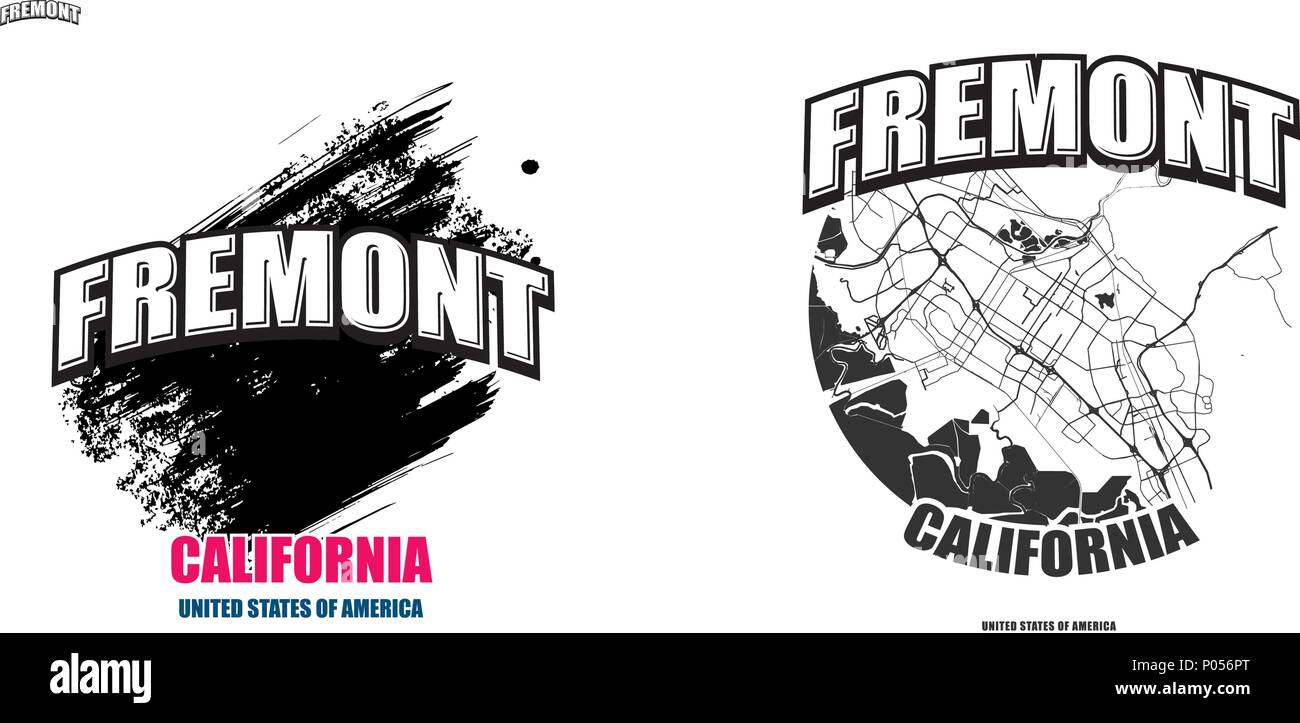 Fremont, Californie, logo design. Deux en un avec le logo vector art. grandes lettres vintage avec une belle couleur de fond et une couleur-version avec la carte fo Illustration de Vecteur