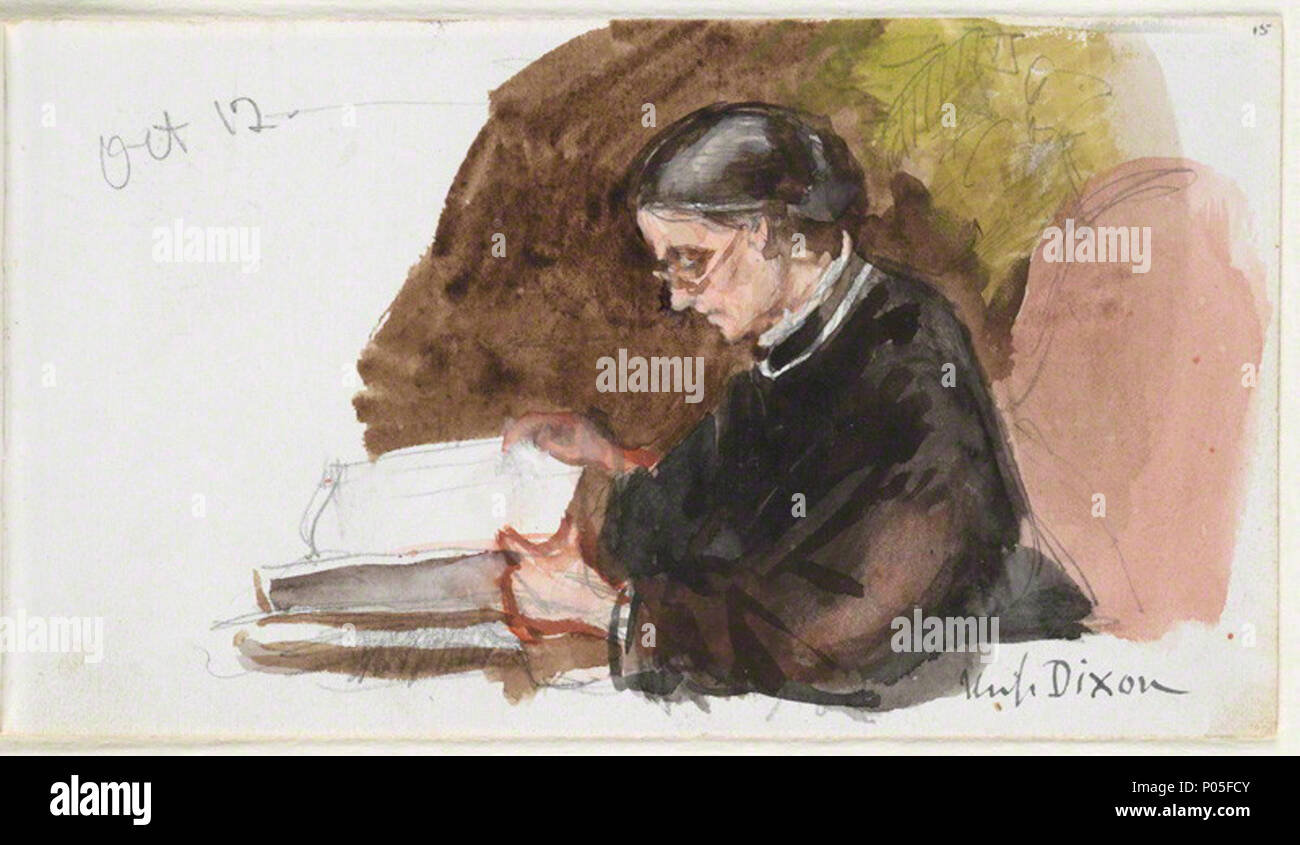 . Anglais : Aquarelle et crayon, 87 mm x 150 mm. Demi-longueur, portrait d'une femme (Annie Dixon) dans une robe brune. Elle porte des lunettes et semble lire un livre. par Louisa Anne Beresford (nÈe Stuart), marquise de Waterford, Aquarelle et crayon, 12 Octobre 1887 10 Annie Dixon Banque D'Images