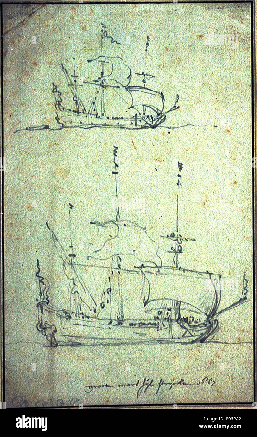 . Anglais : un navire néerlandais avec le vent sur le trimestre sous voile facile deux dessins sur une même feuille. Dans la moitié supérieure de la page est une version plus petite du navire représenté dans la moitié inférieure - une bordée de tribord vue d'un petit bateau, avec le vent sur la hanche bâbord. Le dessin est inscrit à l'encre au bas de la page : sijl strijckt "groot mars 1667' (1667) a frappé topsail principal. Il est également signé : 'W.V.V.J'. Un navire néerlandais avec le vent sur le trimestre sous voile facile . 1667. Willem Van de Velde le jeune, 97 un navire néerlandais avec le vent sur le trimestre sous voile facile RMG PV 5239 Banque D'Images