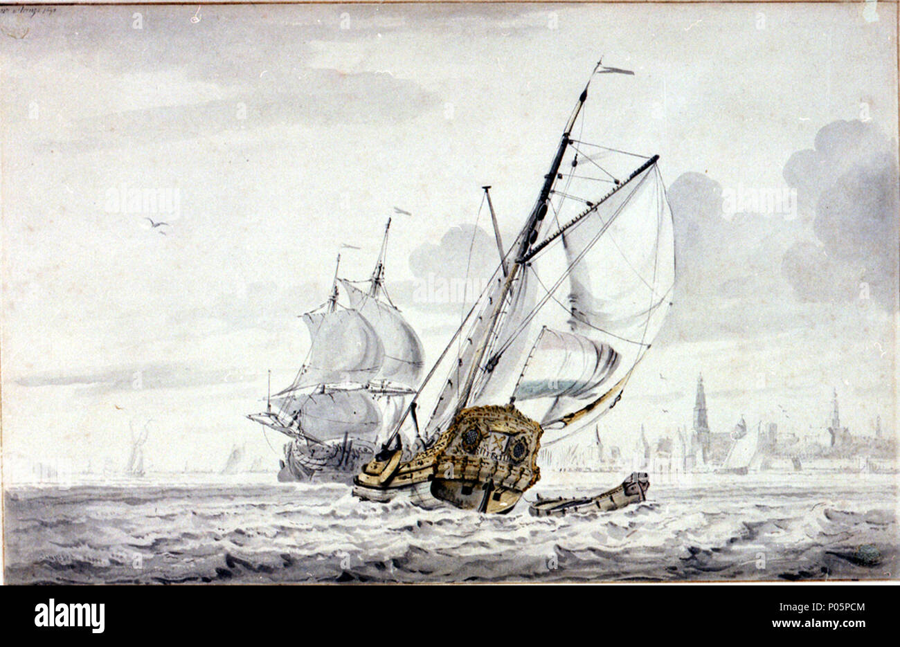 . Anglais : Un Yacht hollandais devançant d'un port off Ce Kampsen lavage méticuleux, dessin teinté d'aquarelle, est signé et daté 1699. Il montre un yacht néerlandais membres dans le premier plan avec un navire marchand hollandais au-delà. Dans l'arrière-plan sur la droite est le port de Kampen située sur la Zuider Zee. Vitringa rejoint la guilde de Saint-Luc à Alkmaar en 1696, mais il démissionne en 1706 pour cause de maladie et de troubles de la vision, qui l'a empêché de pratiquer en tant qu'artiste, même s'il est connu pour avoir produit des œuvres après cette date. Un Yacht hollandais devançant d'un port off Kampsen . 1699. Banque D'Images