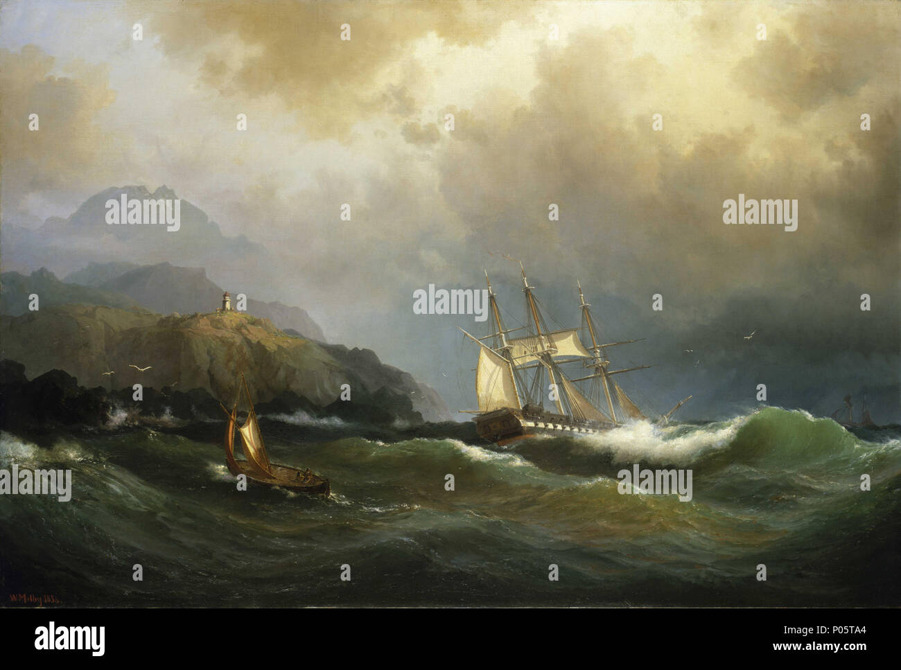. Anglais : une frégate au large de griffer une côte rocheuse spectaculaire une peinture d'une frégate au large d'une côte rocheuse, dans la loi de 'récupérer'. Cela s'est produit lorsqu'un voilier a essayé d'éviter d'être conduit sur une 'Lee' shore dans une mer difficile en raison d'une combinaison d'une mer agitée et un fort vent onshore. Le navire scandinave s'affiche mal dangereusement près d'un rivage rocailleux, probablement au large des côtes de la Norvège. Elle est surveillé par un petit bateau de pêche sur la gauche de la photo. Un phare est visible sur la pointe avec des montagnes s'élevant jusqu'au-delà. Cet artiste danois expose des peintures marines Banque D'Images