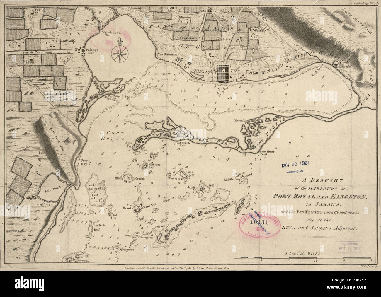 . Anglais : relief illustré par des hachures. Profondeurs indiquées par sondages. Cartes de LC En Amérique du Nord, 1750-1789, 1954 accessible également sur le site Web de la Bibliothèque du Congrès comme une image raster. Dans la marge de droite : Mage politique. Feby. 1782. Du magazine politique et parlementaire, naval, militaire, et journal littéraire. Février 1782, c. 3. . Un projet des petits bateaux de Port Royal et Kingston en Jamaïque avec les fortifications correctement fixées, également toutes les clés et de hauts-fonds adjacents. 1782. Lodge, John 97 un projet des petits bateaux de Port Royal et Kingston en Jamaïque avec les fortifications corre Banque D'Images