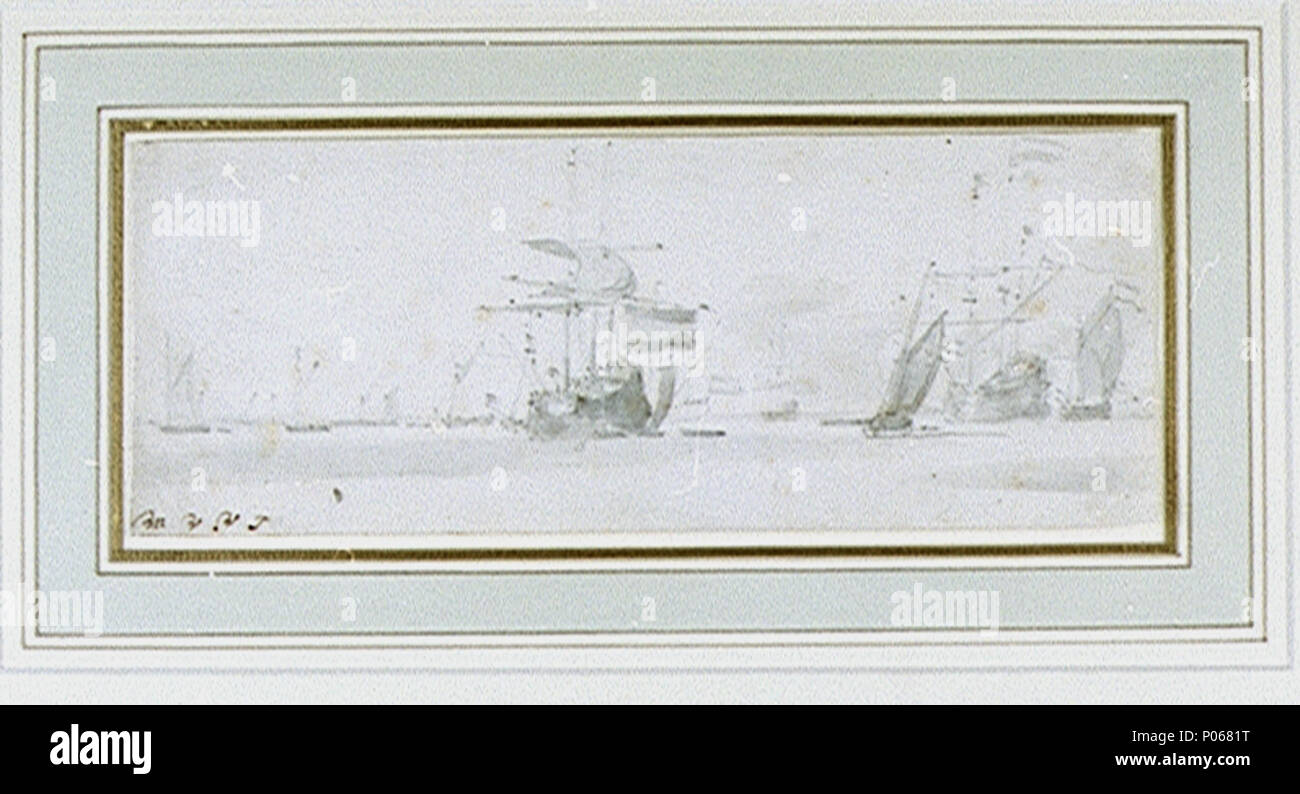 . Anglais : une flotte hollandaise à l'ancre dans le centre est un port-bow view d'un navire (marqué 'g') à l'ancre avec son petit hunier fixe délié sur la PAC. Le dessin est rognée en haut mais le navire peut être l'amiral de la van escadron. Plus à droite est le commandant en chef, ancrée et avec un drapeau et poignée de commande à la main, tirant un coup de fusil et d'une poignée de commande de vol à la pointe de l'artimon comme un signal pour le galjoots à monter à bord. Il y a deux galjoots sous voiles à proximité et petits navires à l'ancre dans la partie gauche de la distance. Le dessin est inscrit sur l'arrière '...admirael laet een blawe vande wempel besans rae Banque D'Images